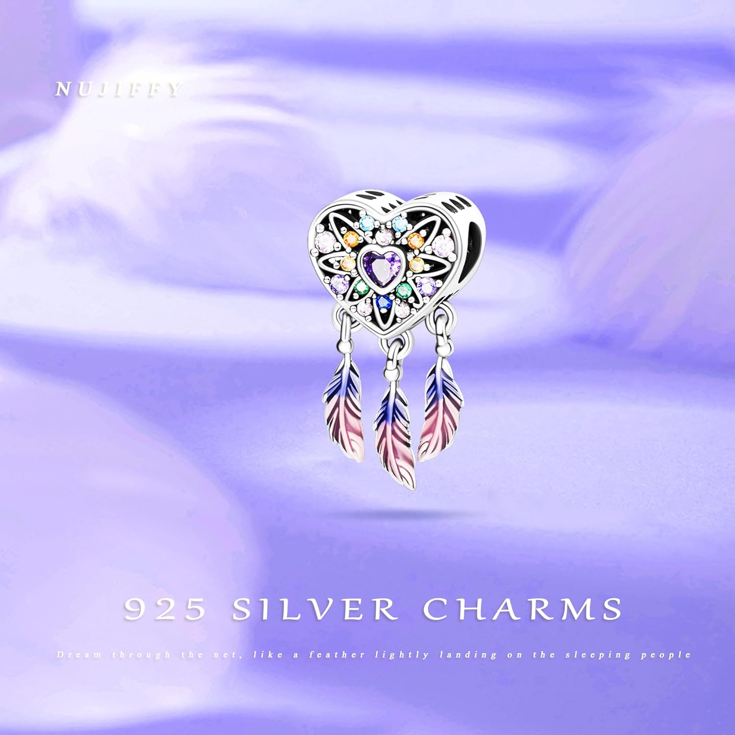 925 Sterling Silver Charms Beads for Bracelets & Necklaces, Purple Dream Catcher Boho Style Feather Heart Shaped Retro Vitality Charm Birthday Gifts Pendant Jewelry for Women Men - Image 5