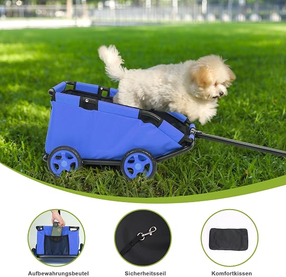 Mini Dog Strollers for Mini Pets, Foldable Multifunctional Shopping Carts with Extendable Pull Handle, Doggie Wagon Built-in Cushion and Safety Rope with Storage Bag (Blue)
