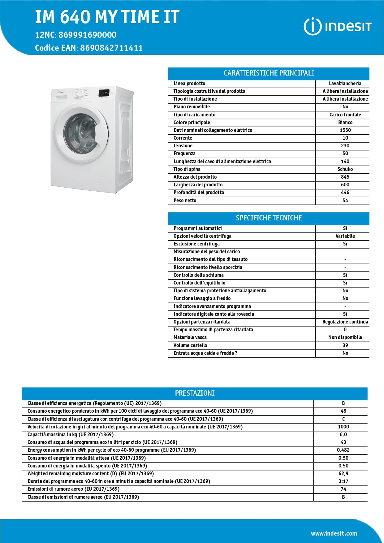 Indesit IM 640 MY TIME IT, Lavatrice 6 kg Libera Installazione Slim, Carica Frontale, Centrifuga 1000 Giri al Minuto, Dimensioni 84.5 x 60 x 44.6 cm, Classe Energetica B