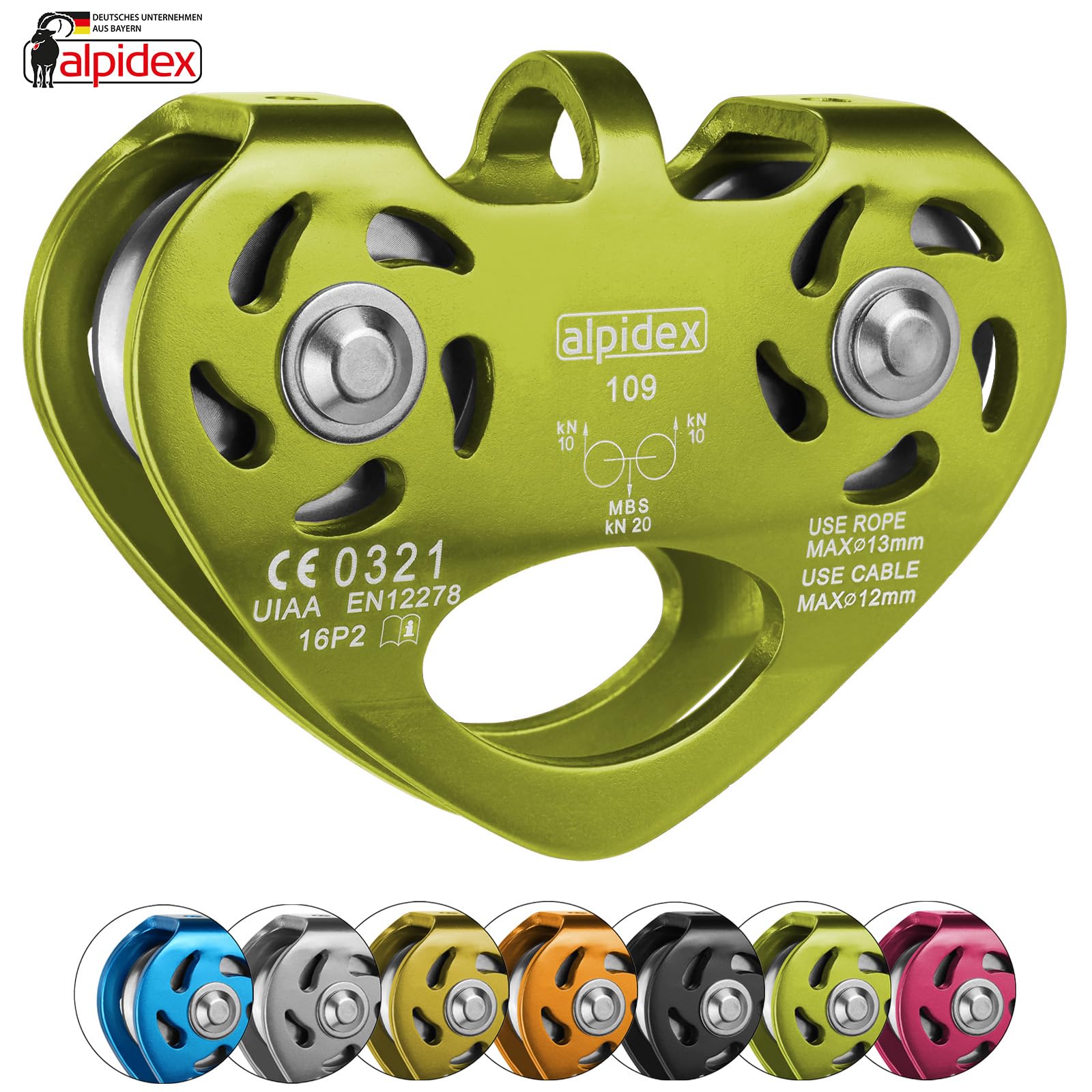ALPIDEX Tandemrolle Seilrolle 20 kN | Umlenkrolle | Tandem Pulley | Norm EN12278 | Kugellager | Doppelte Rollen | Stahlseile bis 12 mm Ø | Textilseile bis 13 mm Ø | Doppelseilrolle - Farbe: Lime