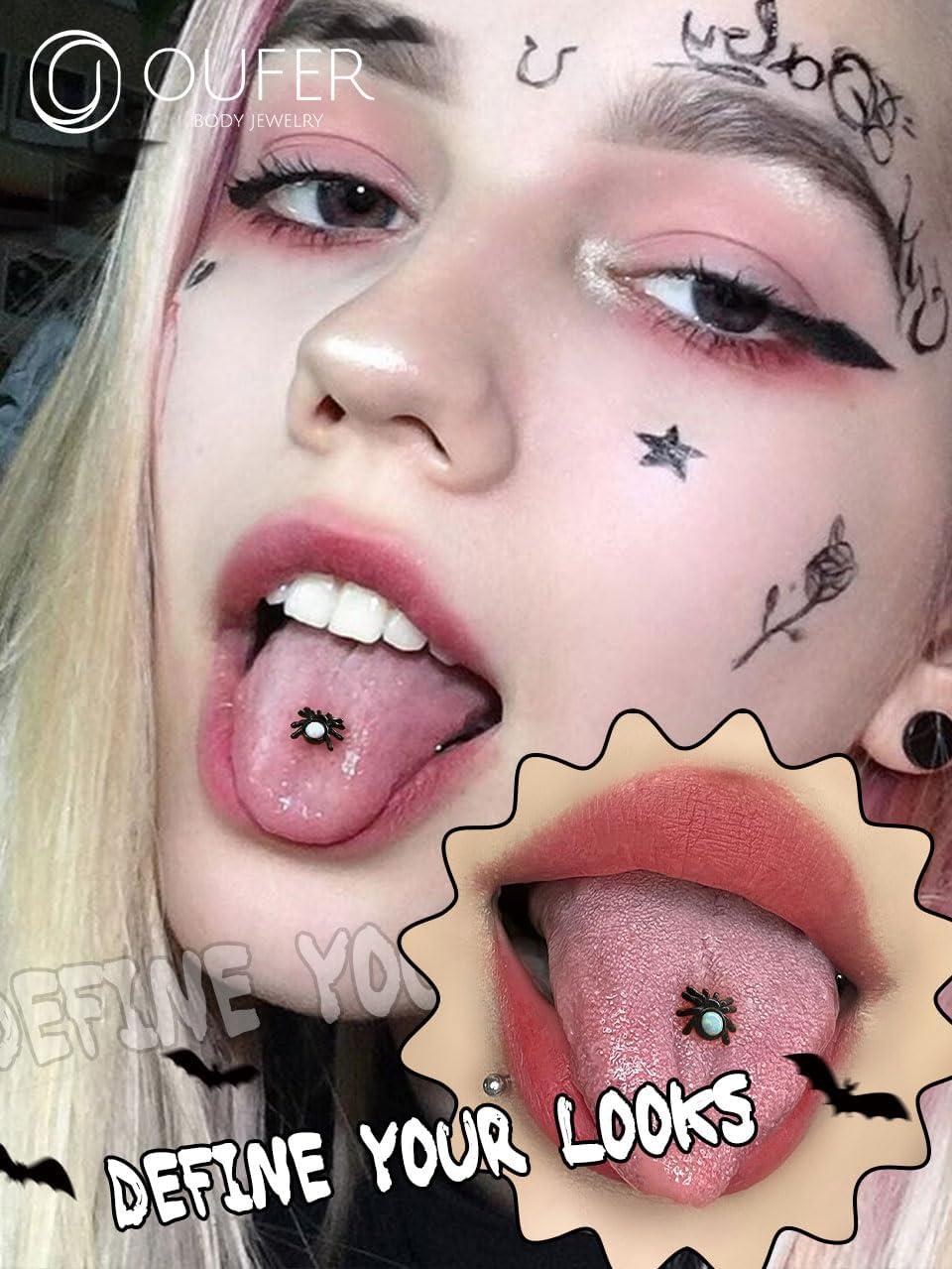 OUFER Spider Tongue Rings, 316L Surgical Steel Tongue Piercing Jewelry, Internally Threaded Tongue Piercing, Black Tongue Rings for Women and Men