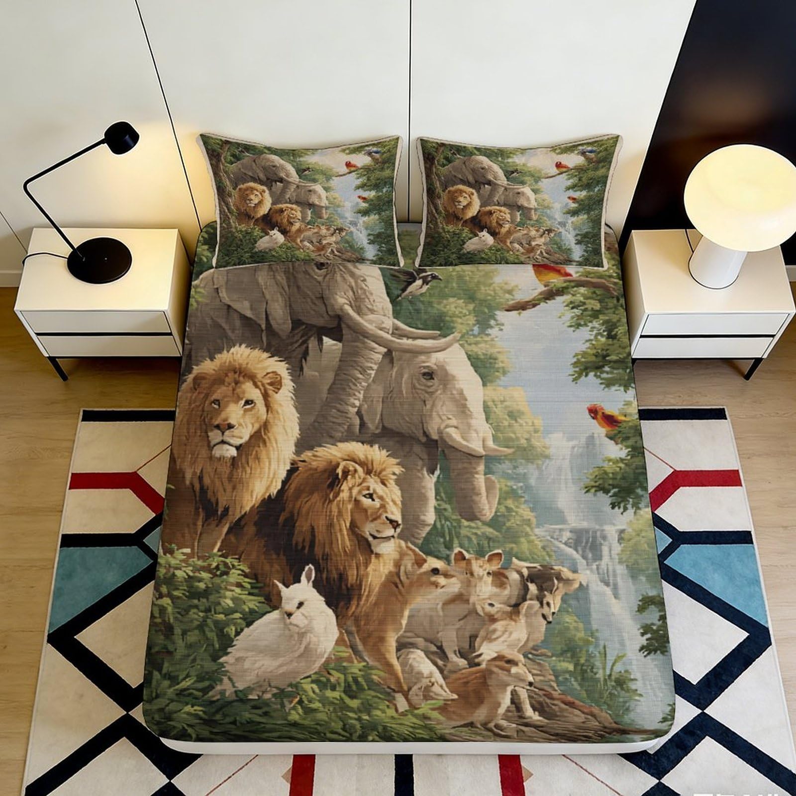 3D Printed Jungle Safari Lion Fitted Sheet Microfiber Soft Animal Elephant Bed Cover for Bedroom Dorm Mattress Decor 90x200x25cm