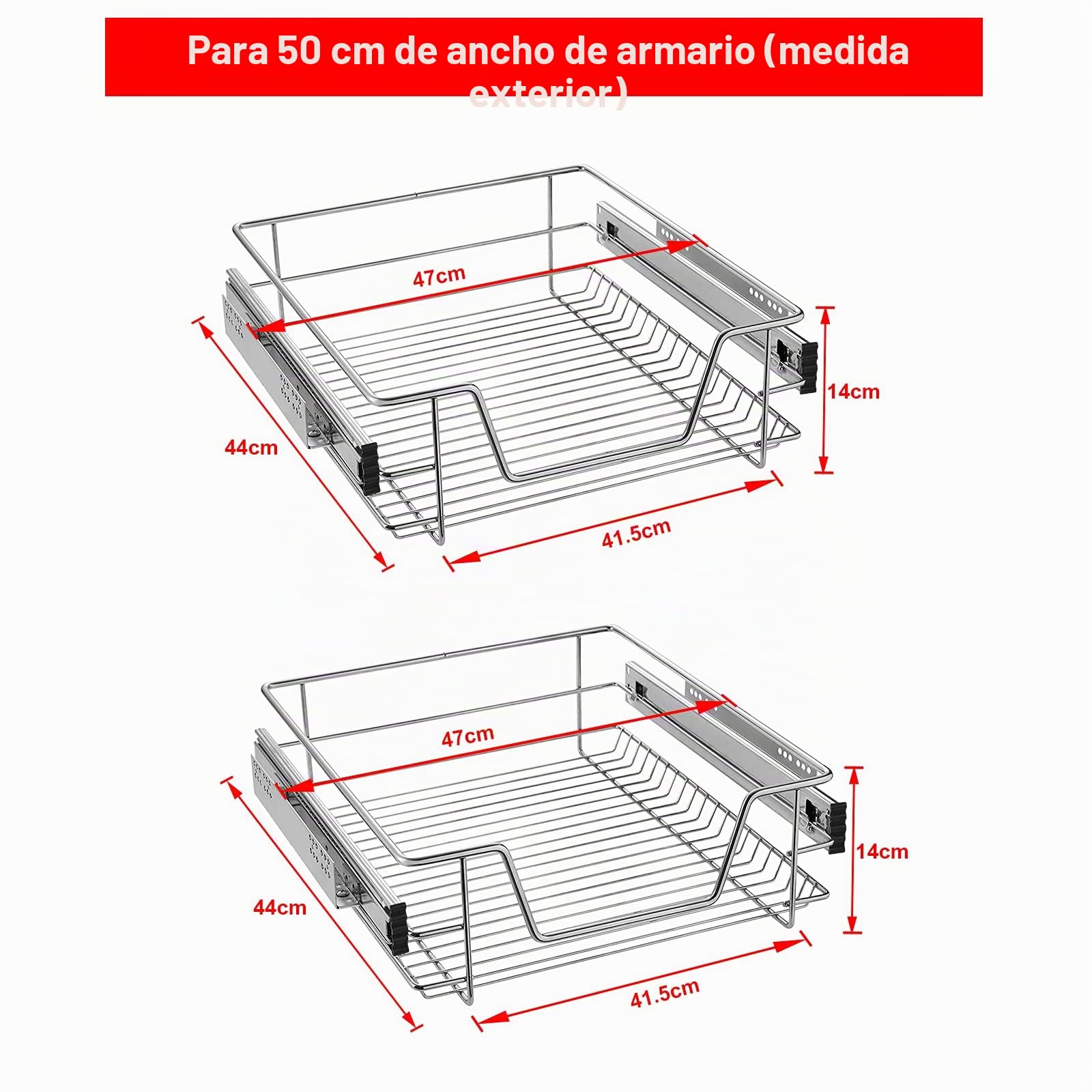 Froadp Estante de Cocina Cajón Telescópico Cestas de Almacenamiento con Tiradores Soportes Extraíble Organizadores de Cajones para 50cm Gabinetes Dormitorio Despensa (Ancho Actual 47cm, 2 Piezas)