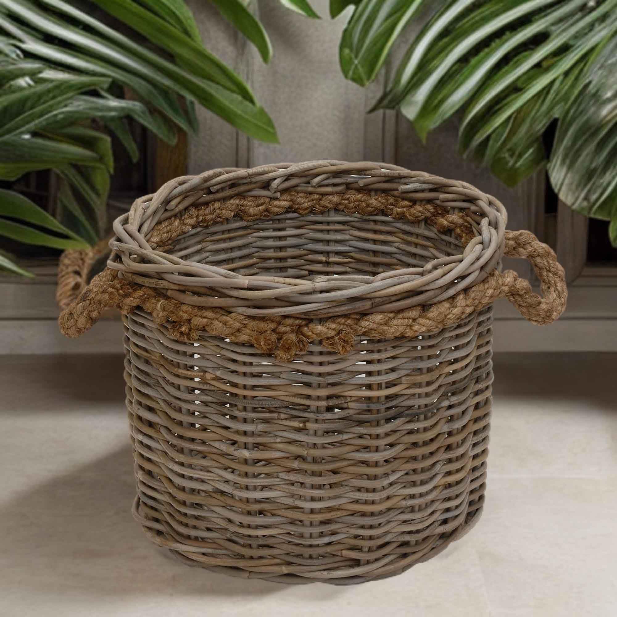korb.outlet Duży kosz na rośliny, kosz drewniany, okrągły, szary, naturalny rattan, z krawędzią linkową/ozdobna doniczka z rattanu (XXL Ø 60 cm)