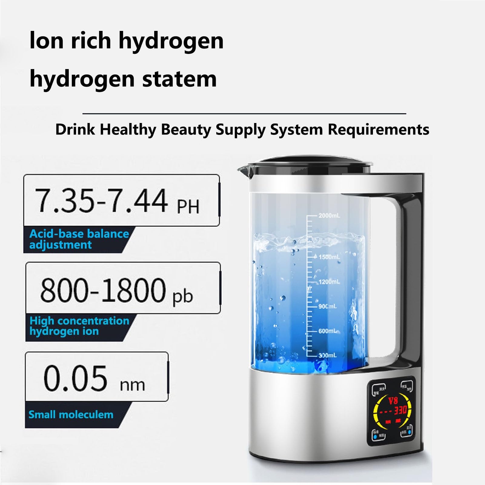 PAHION Generatore di Acqua Idrogeno Bollitore Ricco di Idrogeno Macchina dello Ionizzatore dell'Acqua Dell'idrogeno Grande capacità 2L Display Intelligente A LED Contenuto di Idrogeno Fino A 1800 PPB