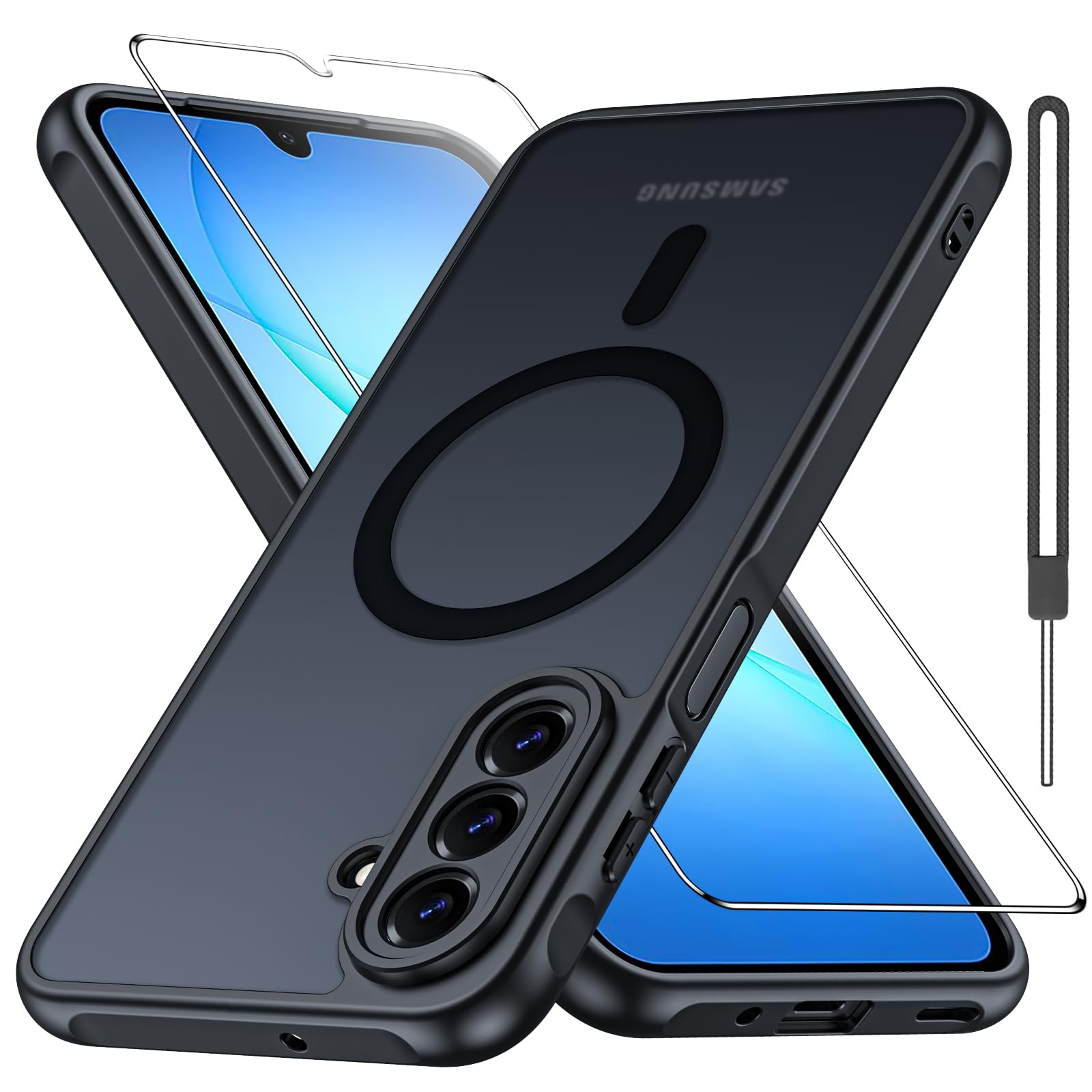 Bimanpap Matte Case for Samsung Galaxy A17 4G/5G with Screen Protector, Compatible with Magsafe,[Wrist Strap] Magnetic Shockproof Military Drop Protection Translucent Back Slim Bumper Cover(Black)