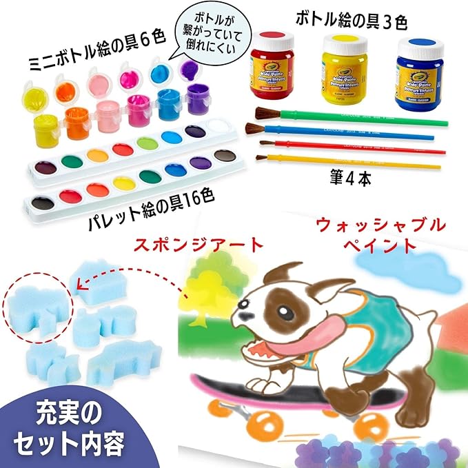 Amazon クレヨラ 絵の具セット 筆 スポンジ付き 水で簡単に落とせる 正規品 お絵かきボード おもちゃ