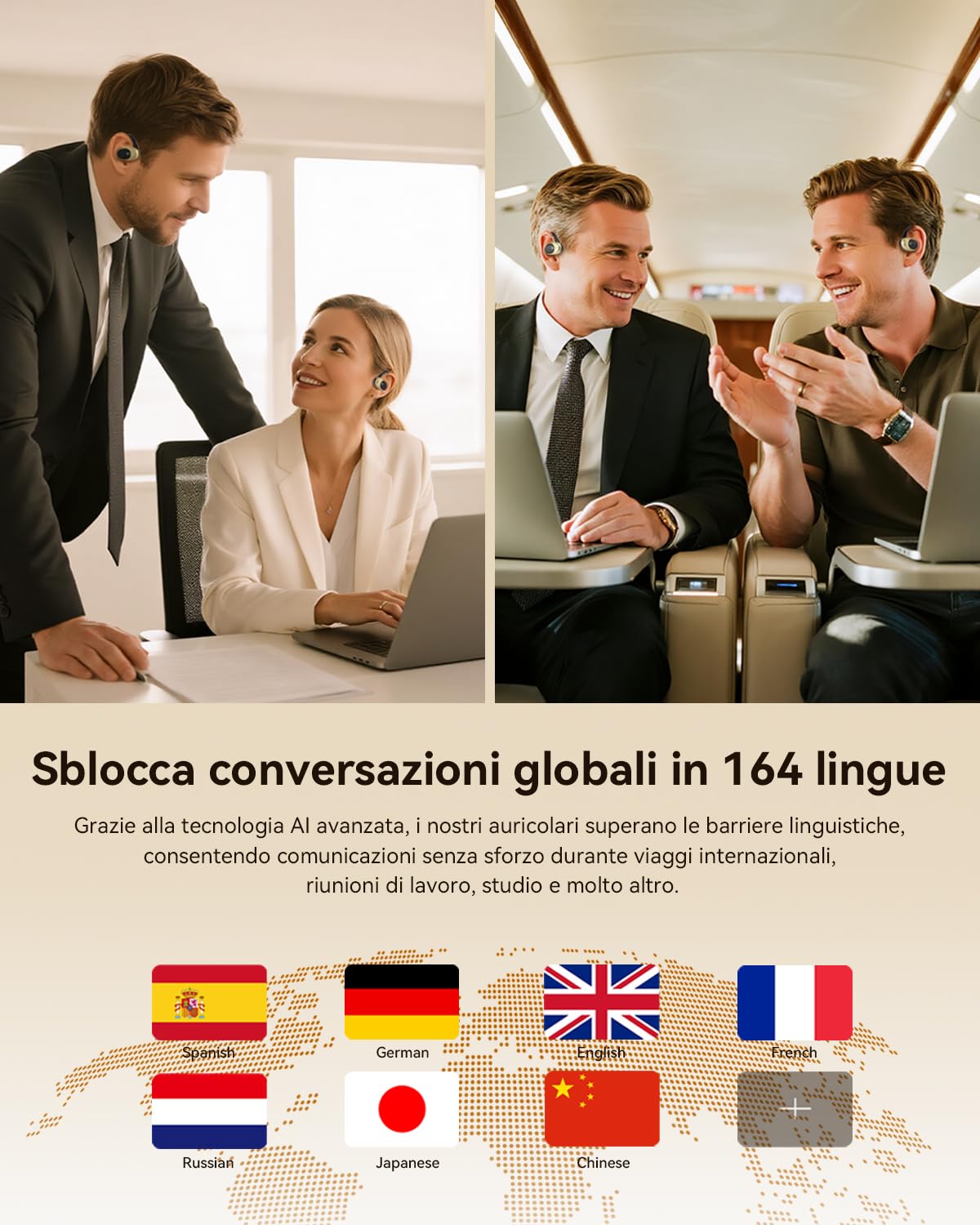 AI Cuffie Traduzione, Bluetooth 5.4 Traduttore Istantaneo Vocale con 156 Lingue, Auricolari di Traduzione con 5 modalità, Codice di Autorizzazione Permanente, Cuffie Bluetooth per Viaggi/Affari
