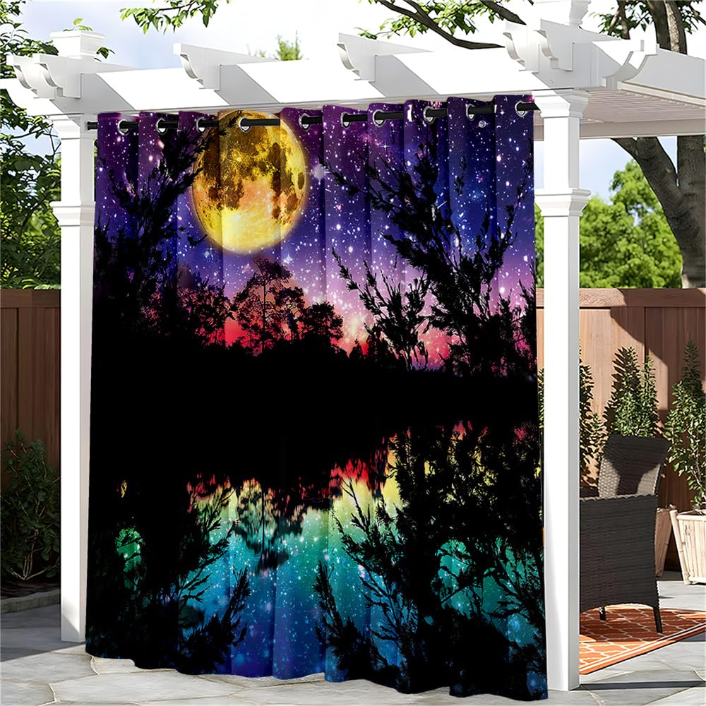 Hiseng Waterproof Outdoor Curtain for Patio Pergola, Sunshade Blackout Thermal Insulated Curtains with Eyelet Top for Garden, Gazebo, Porch, 1 PANEL, 3D Moon Starry Sky (Blue 8,52x108 in)