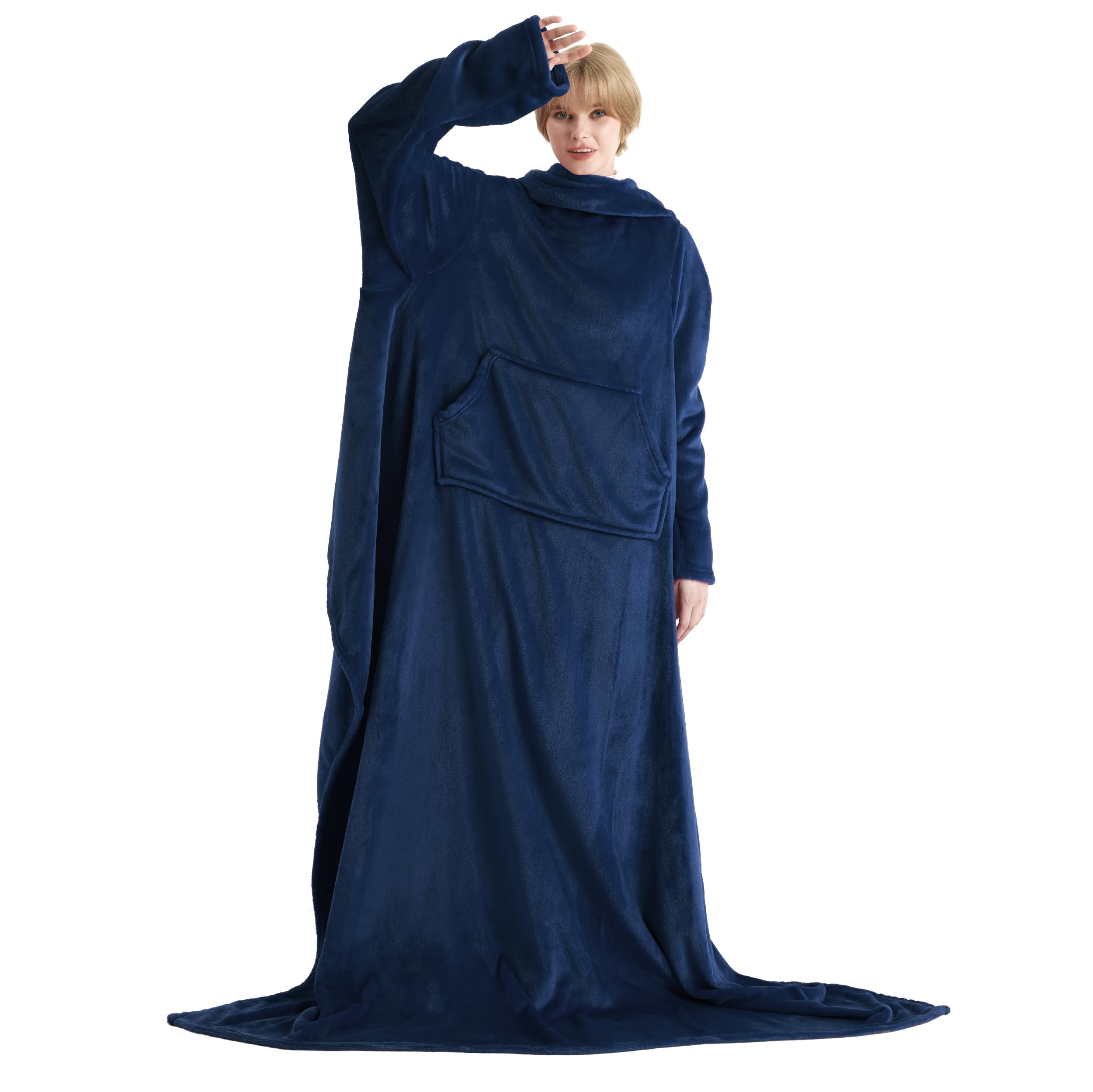 Bedsure Batamanta Mujer Flanelle Invierno - Bata Manta Hombre para Sofa, Manta con Mangas con Bolsillo Frontal, Tejido Felpa Suave y Acogedor, 150x200cm, Azul Marino