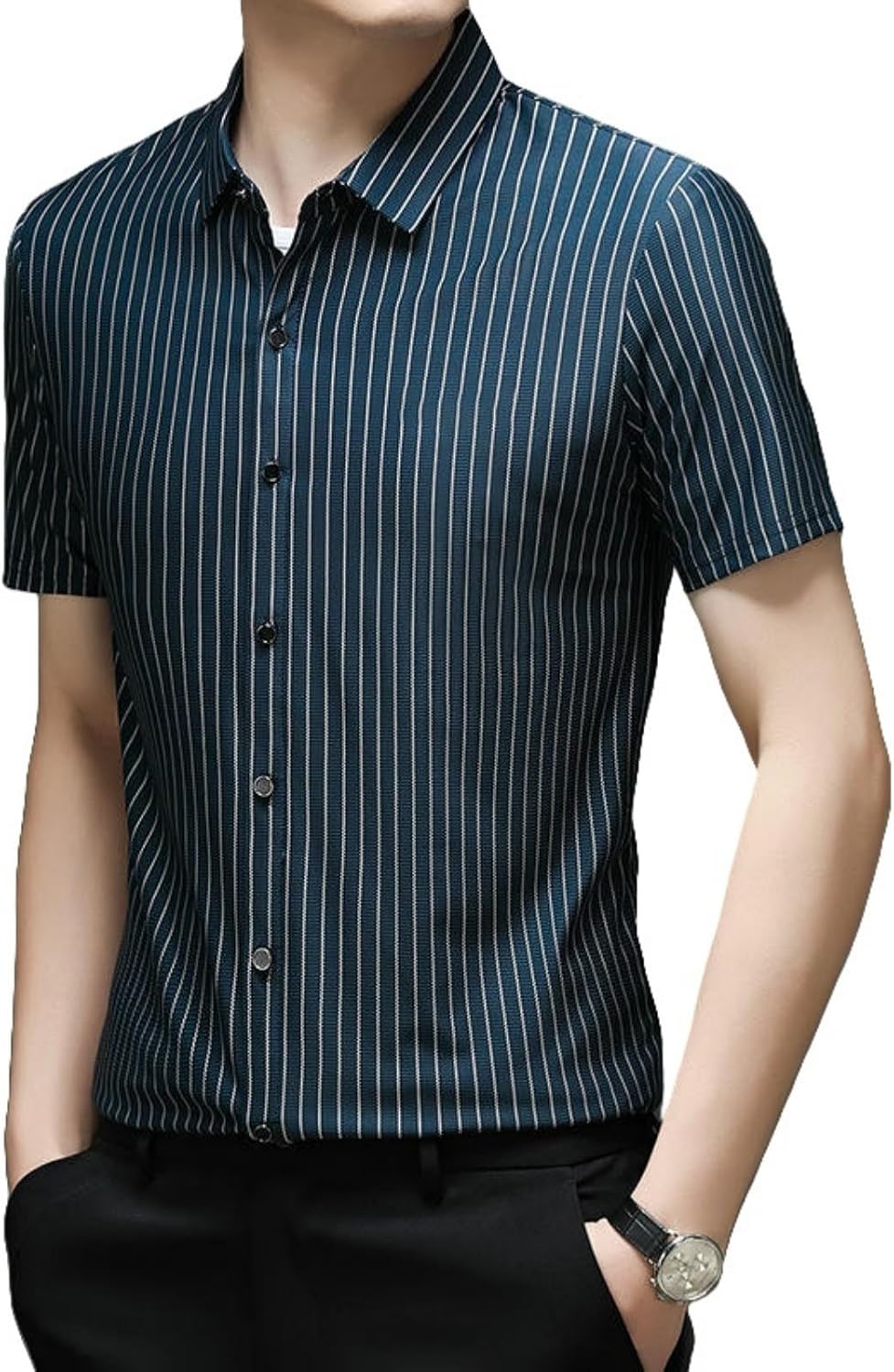 Men's Summer Casual Lapel Vertical Stripe Seamless Ice Silk Short Sleeve Shirt