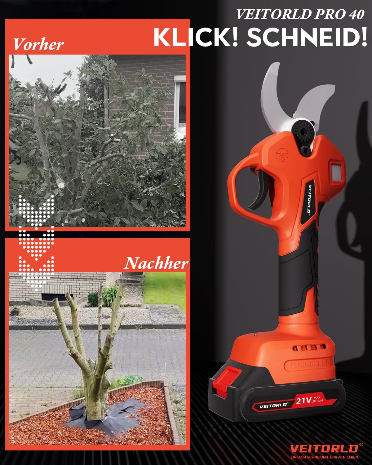 Veitorld Astschere Teleskop, 40MM Akku Gartenschere mit Abnehmbaren Teleskopstange (130-245 cm), Bürstenloser Motor Bypass Baumschere mit 2 Akku 2000mAh für Äste, Geschenke für Männer Frauen