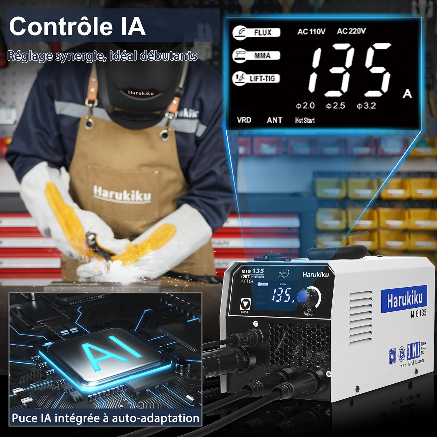 Harukiku135A Poste a Souder Fil Fourré Sans Gaz, Poste à Souder 3 en 1 (Flux MIG/ARC, MMA/Lift TIG), avec Avance Synchro du Fil & Poste à Souder Inverter IGBT Compact, pour DIY Maison & Professionnels