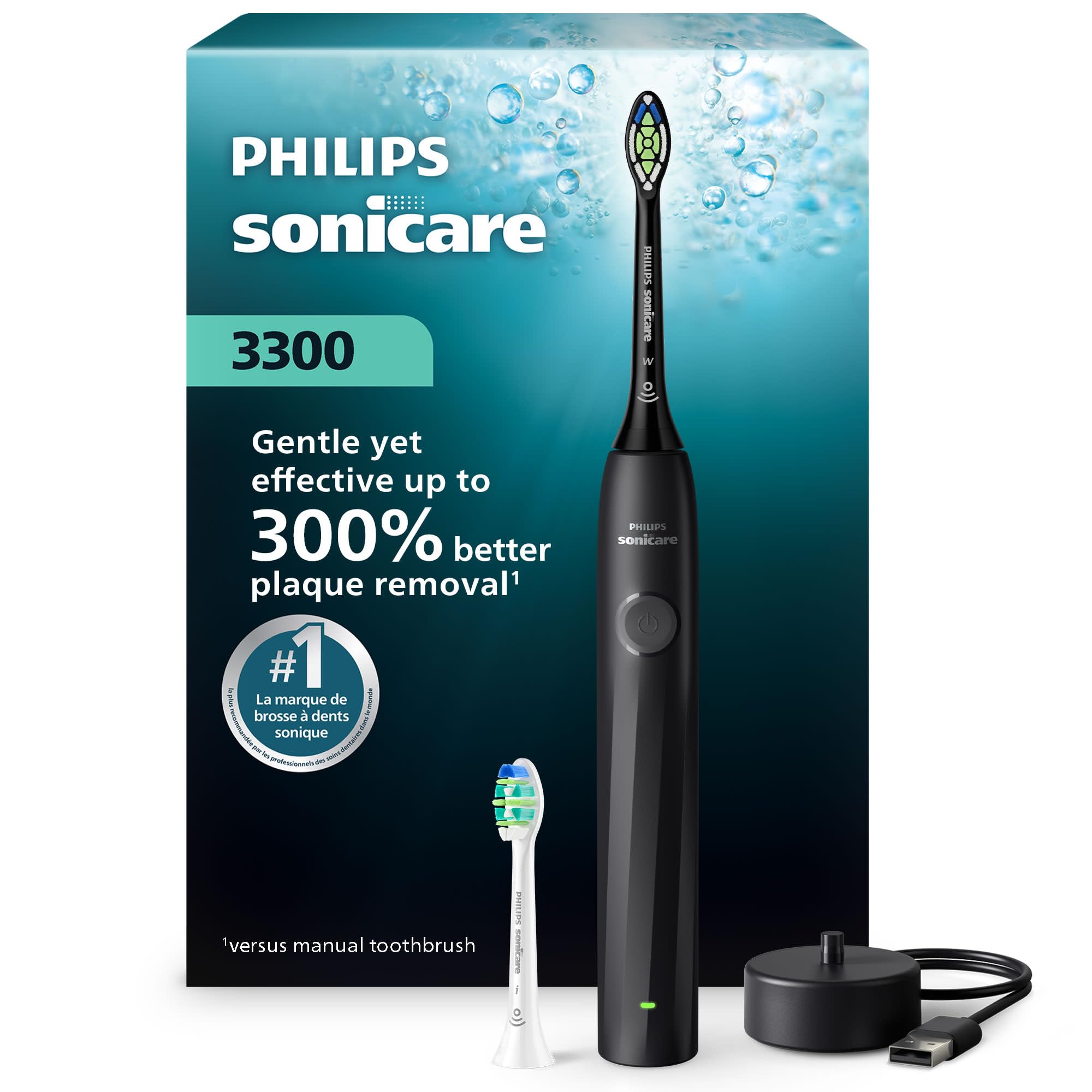 Philips Sonicare Spazzolino elettrico serie 3300 - Spazzolino sonico con 2 livelli di intensità, funzione EasyStart, SmarTimer e QuadPacer, autonomia di 14 giorni, nero, modello HX4022/92