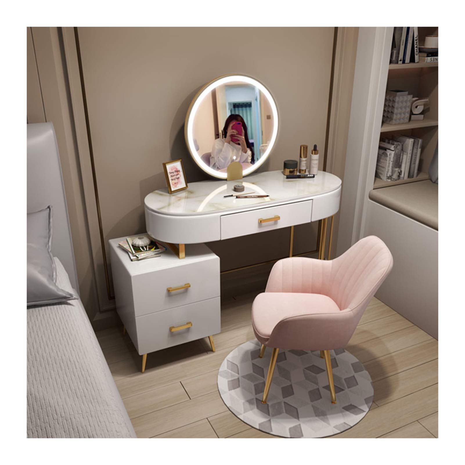 CPARTS Tocador de tocador para Maquillaje, Mesa de Escritorio, tocador de Dormitorio con Silla Acolchada, Espejo Regulable con Pantalla táctil, Patas de Mesa Doradas Resistentes (100 * 40 * 77 cm)