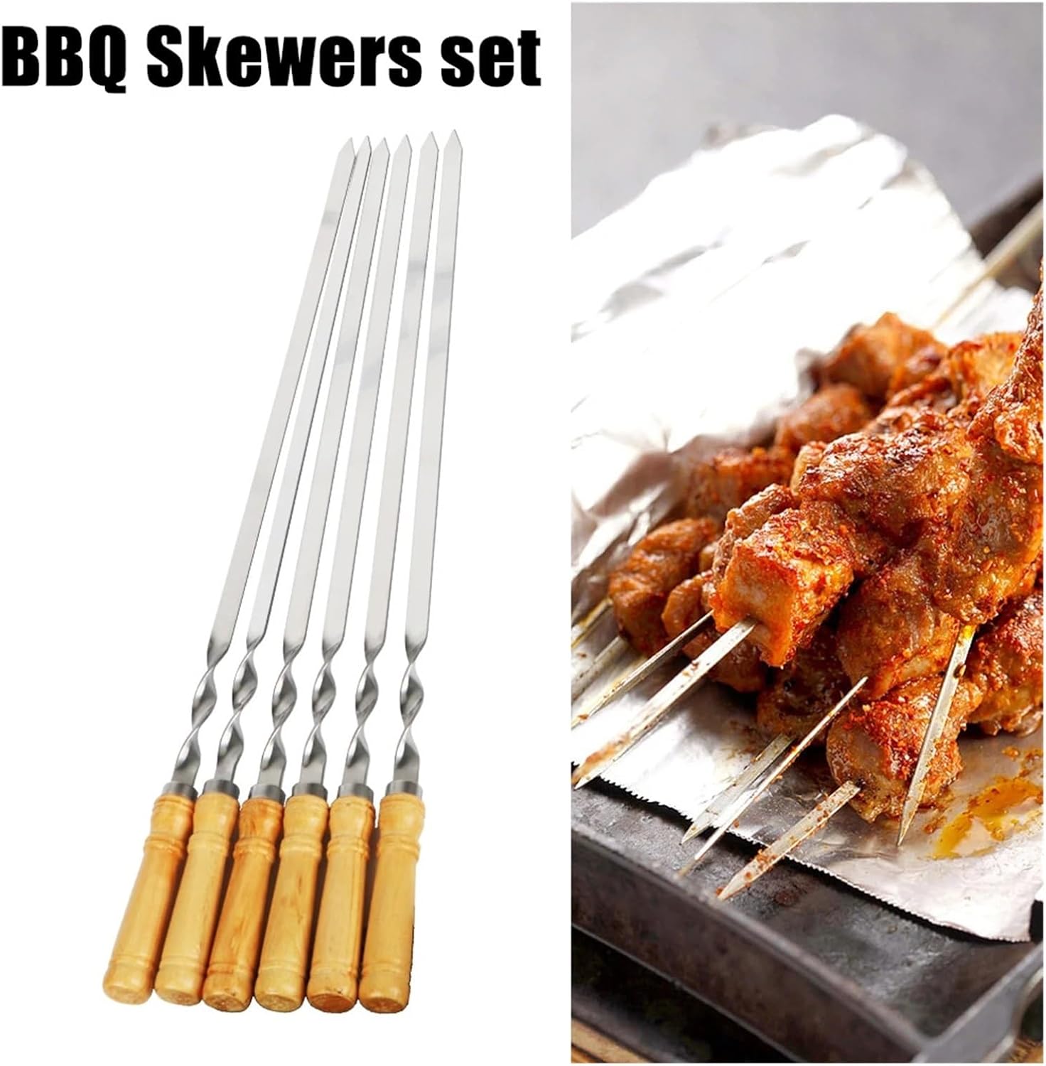 6Pcs Long Handle Shish Kebab Wood BBQ Fork Stainless steel Outdoors Grill Needle Barbecue Grill Stick 55cm 21.65" BBQ Skewers