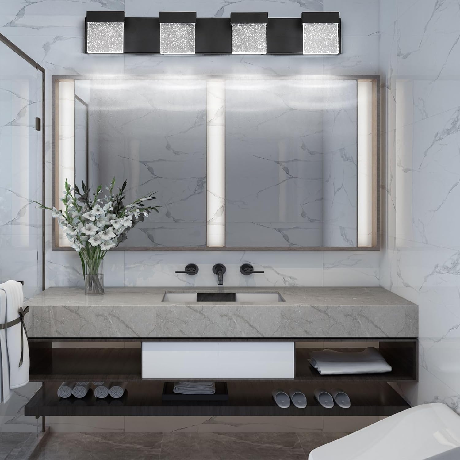 30.5 Inch 4 Light Bubble Black Crystal Bathroom Vanity Light Fixture, LED Over Mirror, Modern, 6000K (no test)