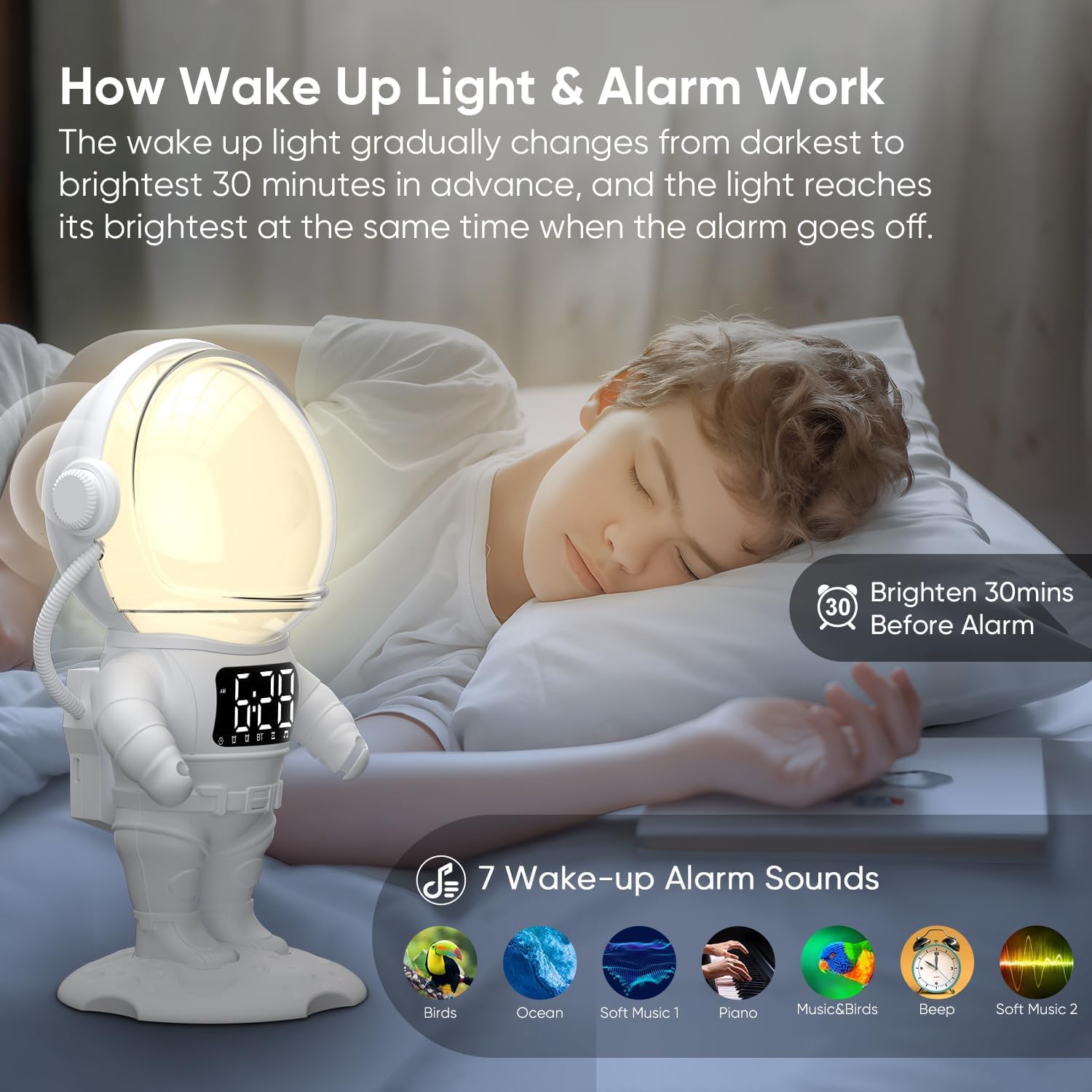 AFEXOA Réveil Enfant, Lampe de Réveil avec 7 Sonneries, Snooze, 21 Sons Apaisants, Minuterie, Enceinte Bluetooth, Lampe de Chevet Multicolore