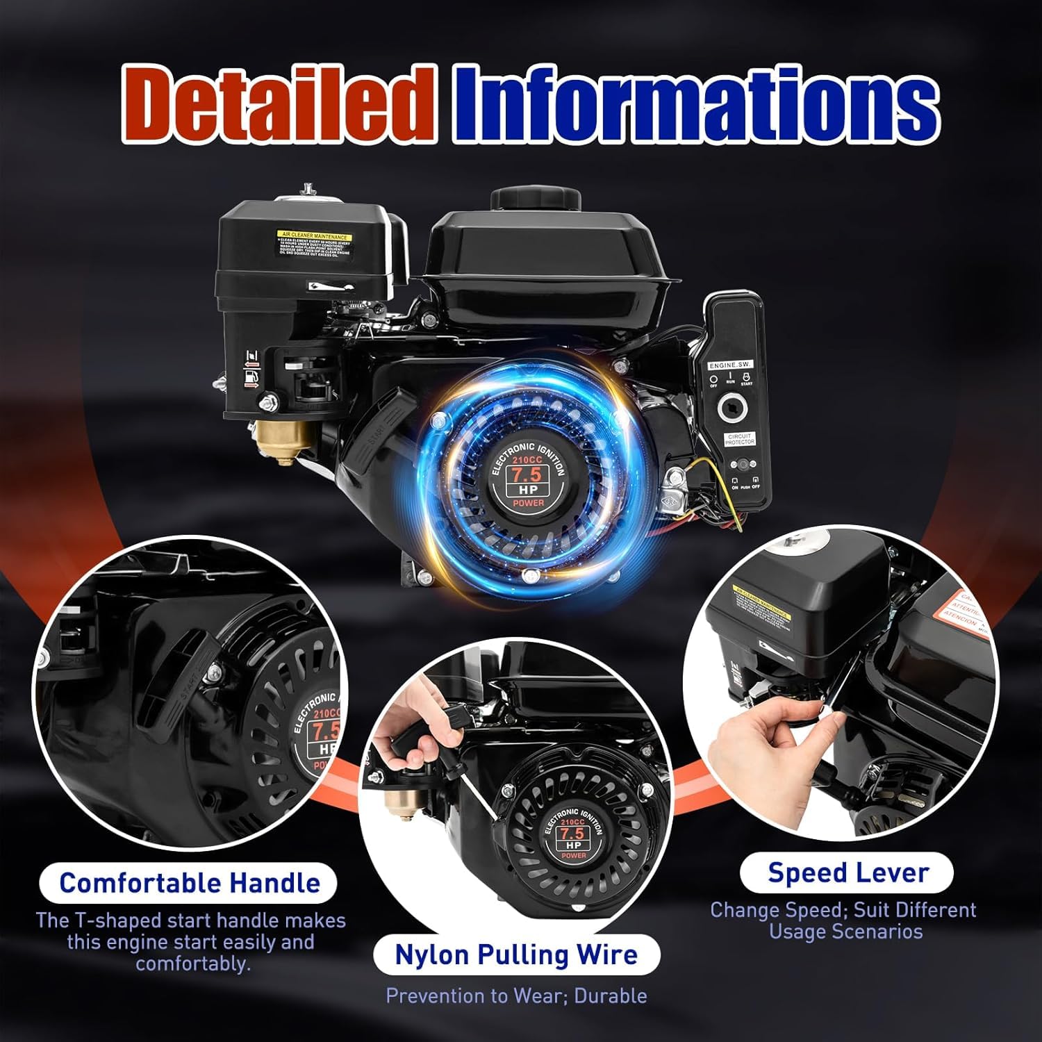 Motore a benzina, 7,5 CV, 210 cc, 4 tempi, OHV, con avviamento elettrico, 3600 giri/min, per Go Kart, compressore, generatore, nero