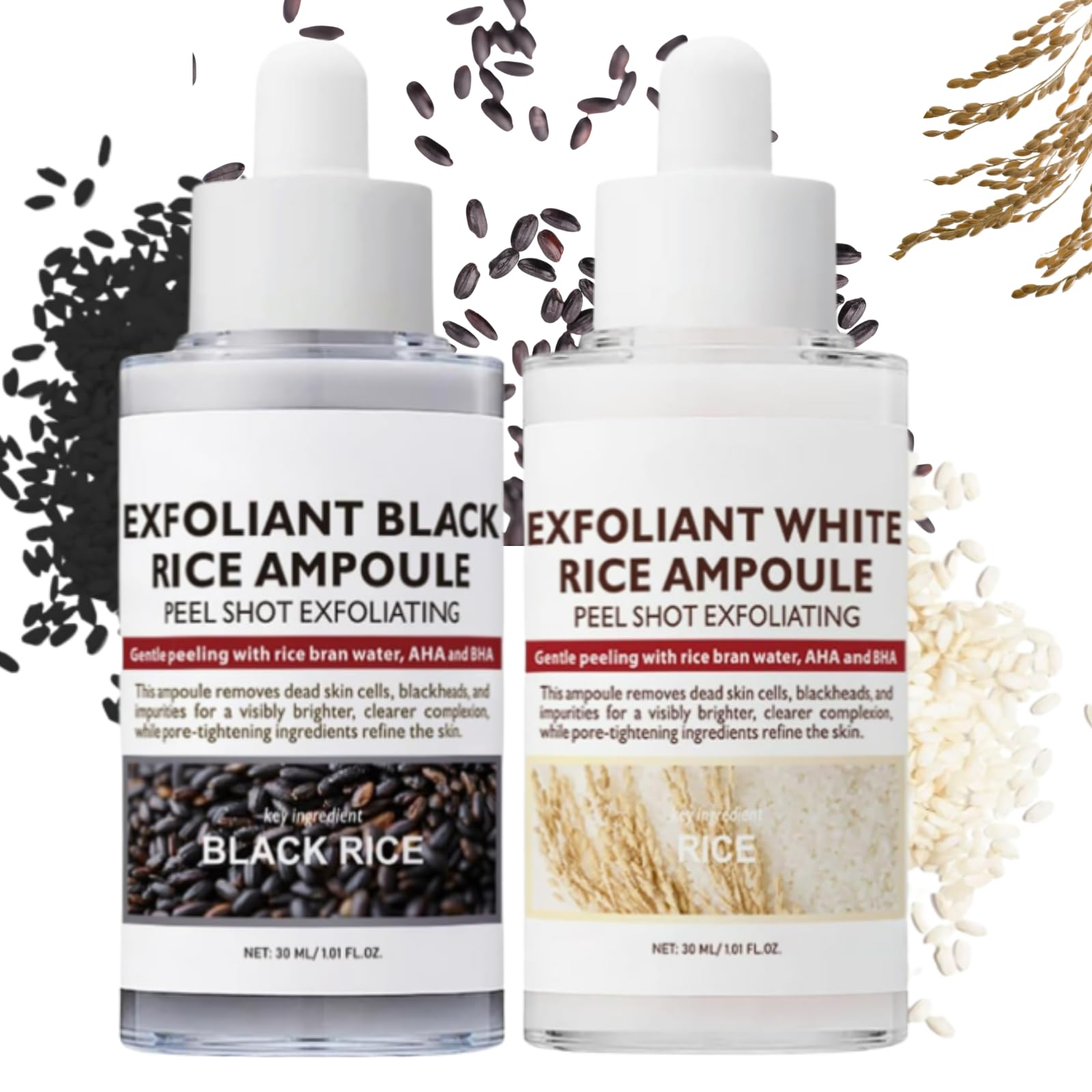 Rice Ampoule Duo,Exfoliating Black Rice Ampoule,Peel Shot Glow Rice Ampoule,White & Black Rice Face Exfoliator,PoreConstrictor,Gentle Face & Body Scrub for Dead Skin(Set ,30ml)