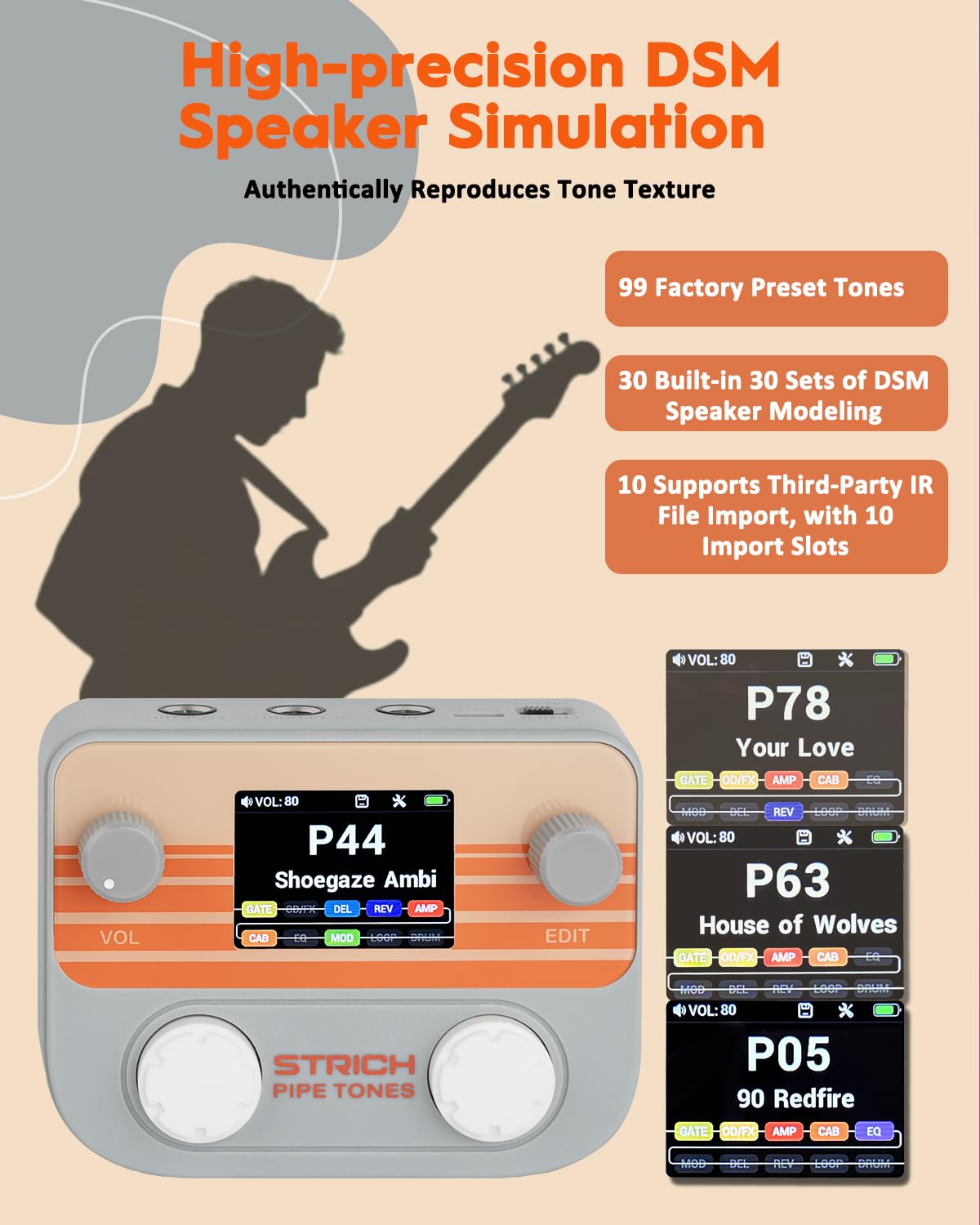 STRICH Pipe Tones Pocket Multi-Effekt Prozessor für Gitarre und Bass, 10 Effektmodule, 125 Effekte, 40s Looper, 100 Drum Patterns, USB Audio Interface, Wireless Control (Grau)