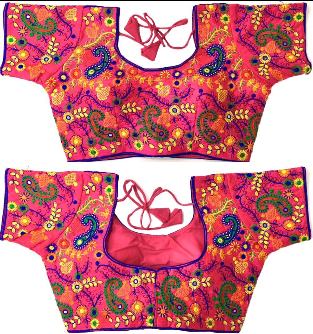 MesmoreMills Women's Silk Embroidery Gamthi Work Readymade Saree Blouse