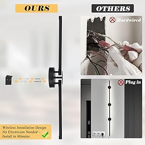 Battery Operated Wall Sconces with Remote Control, Dimmable Black Wall Sconces Set of Two with Rotatable Lamppost, 3000K-6500K LED Modern Wireless Wall Lights for Living Room, Bedroom, 28.15 Inch