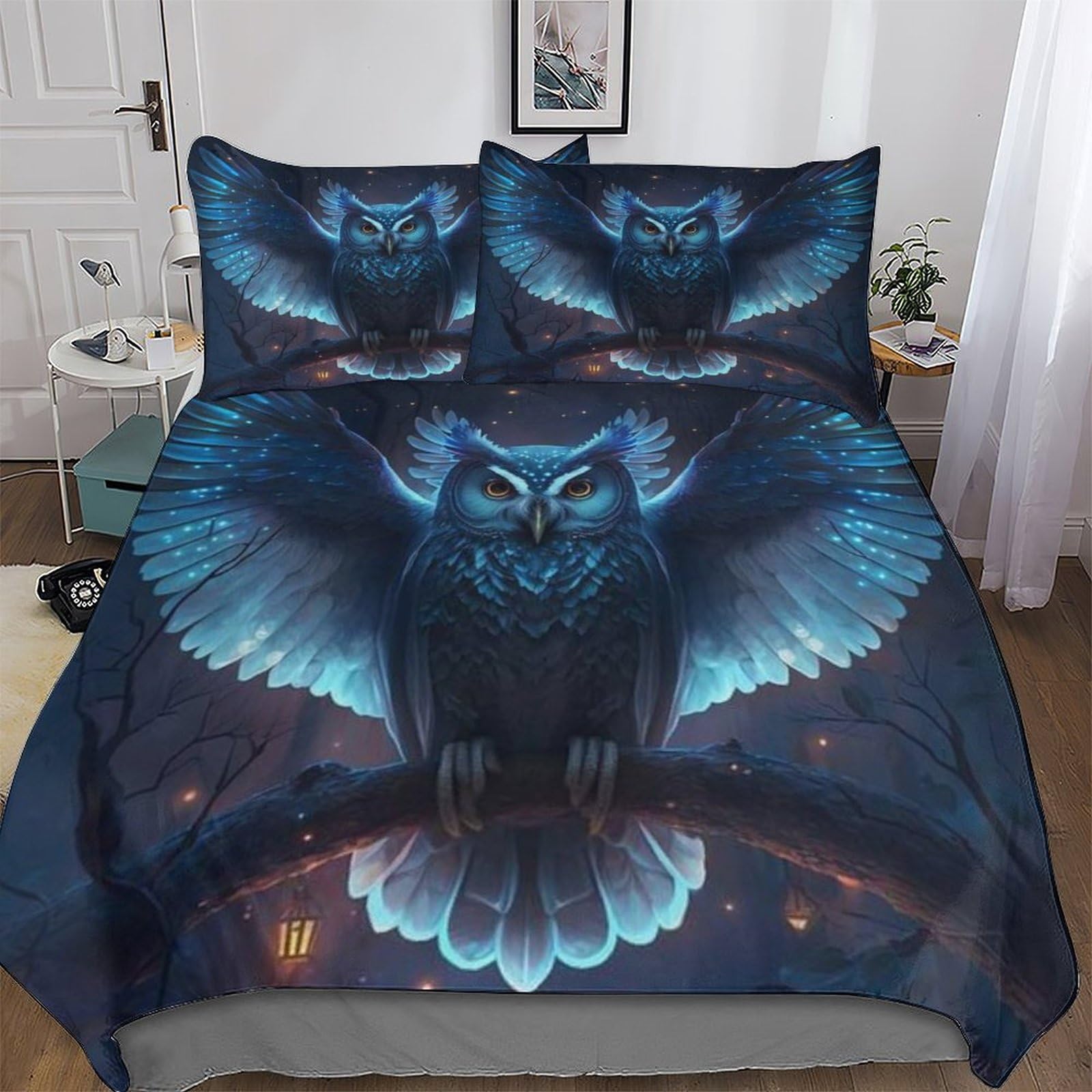 Housse de couette hibou microfibre lit king parure 3 pièces