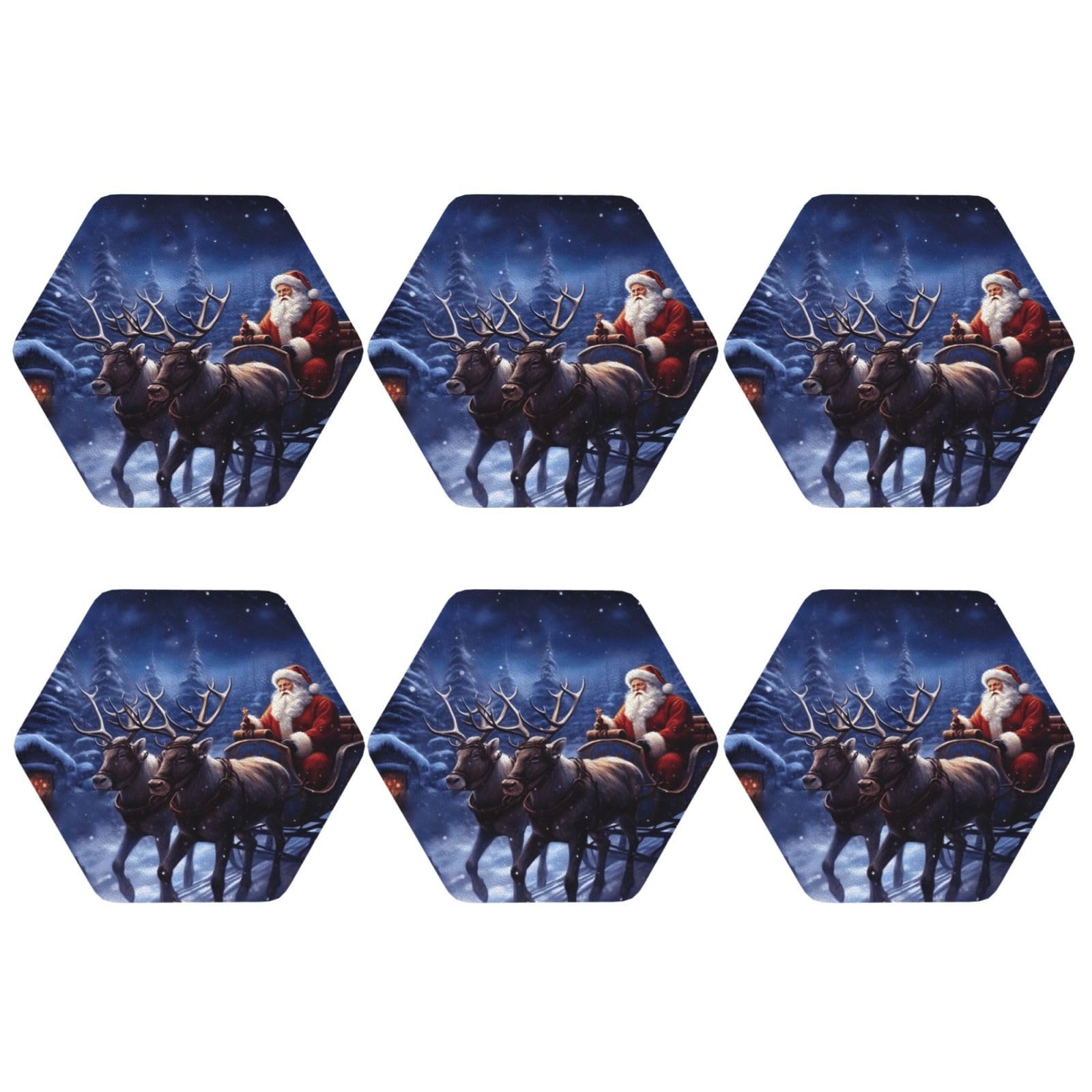 6pcs Leather Coasters for Drinks, Snow Night Santa and Deer Drink Coasters for Tabletop Protection, 4" Cup Coasters for Coffee Table Decor, Non-Slip Drinking Cup Mat for Hot Or Cold Drink