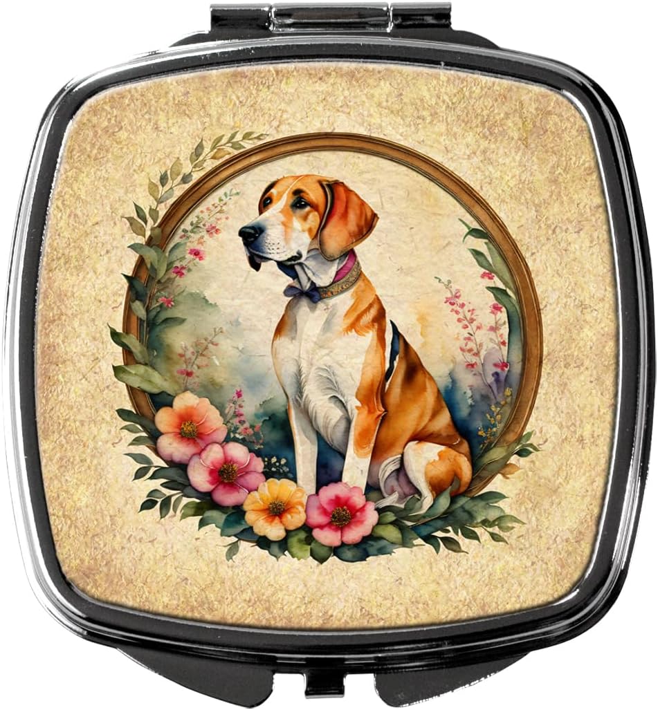 Caroline's Treasures English Foxhound and Flowers Compact Mirror Decorative Travel Makeup Mirror for Women Girls Gifts Pocket Makeup Mirror Folding Handheld