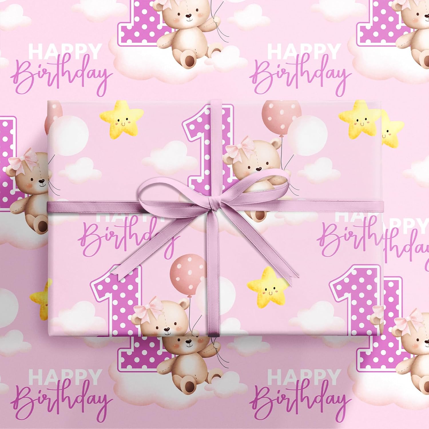 RUSPEPA 1st Birthday Wrapping Paper Roll for Toddler Girl, Mini Roll, Pink Bear Balloons and Number 1 Gift Wrap Paper for First Birthday Party, Baby Shower Celebration, 17 Inches x 16.4 Feet
