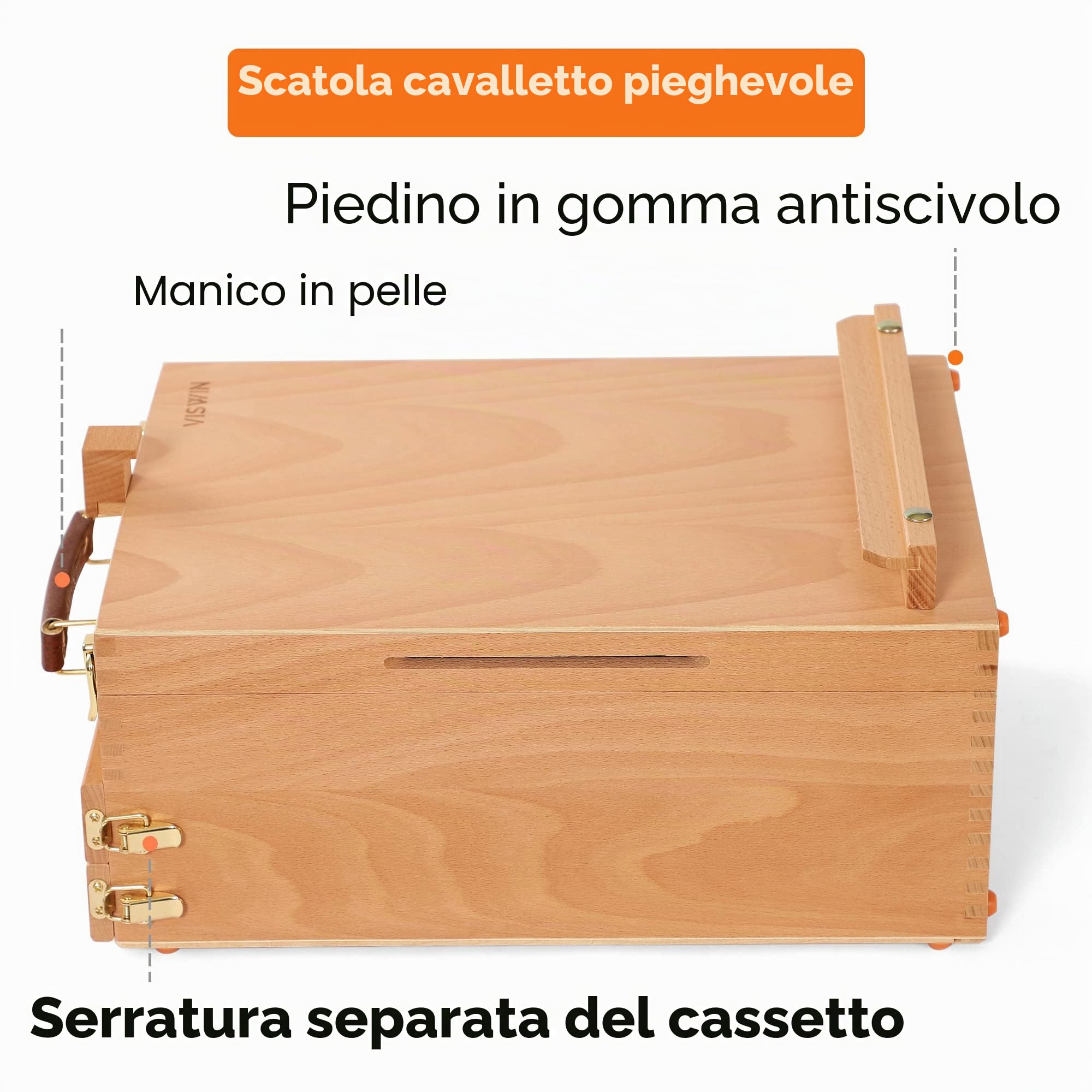 VISWIN Grande Scatola per Cavalletto da Tavolo con 3 Cassetti, Scatola Portatile per Cavalletti in Legno di Faggio per Dipingere Tele, Materiale Artistico, Adulti, Principianti, Artisti