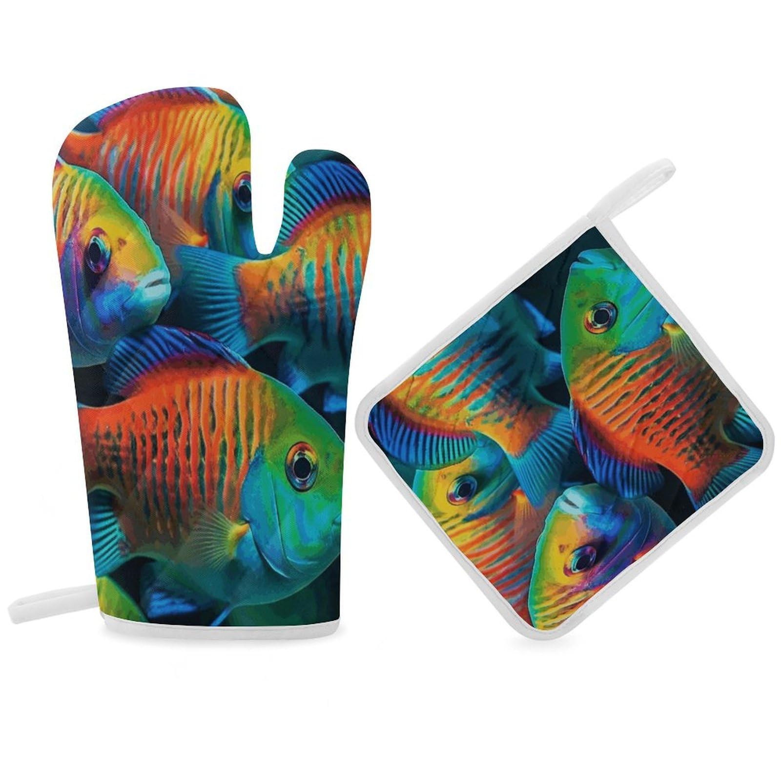 Fodpand Women's Style Fish Swimming Together Oven Mitts And Pot Holders Sets,Oven Gloves For Kitchen Oven Mitts And Potholders For Baking Cooking Grilling Apartment Essentials