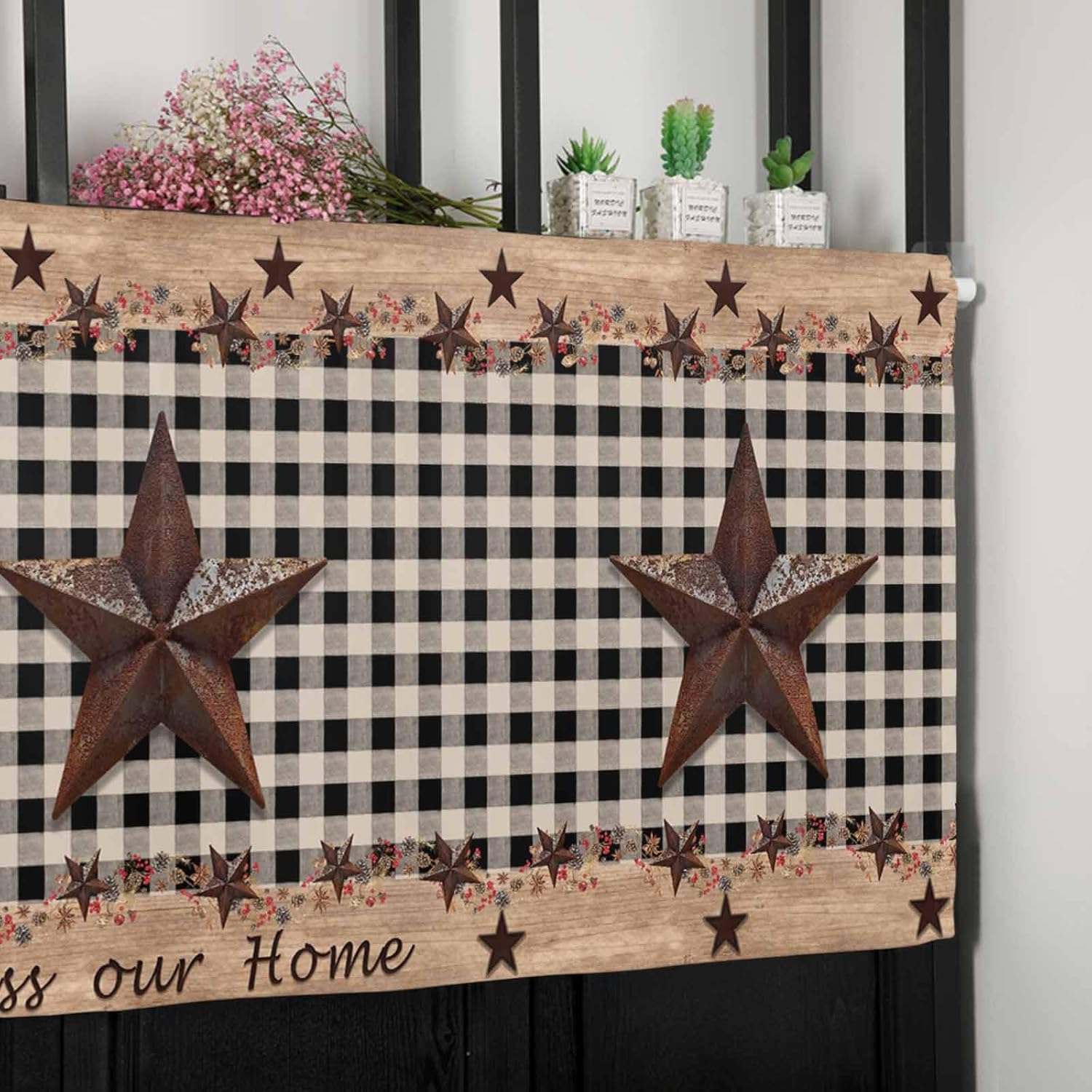 Window Curtain Kitchen Valance for Living Room Western Texas Star and Primitive Berries Country Wooden Plank Rod Pocket Curtain Valance 1 Panel 54" x 18" - Image 7