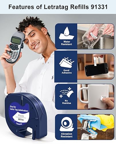 Miniatura 4 de 6PK - Cinta adhesiva de plástico blanca LetraTag 91331 (S0721660) LT91331 LetraTag de 0.472 in x 13.1 ft compatible con DYMO LetraTag LT100H LT100T
