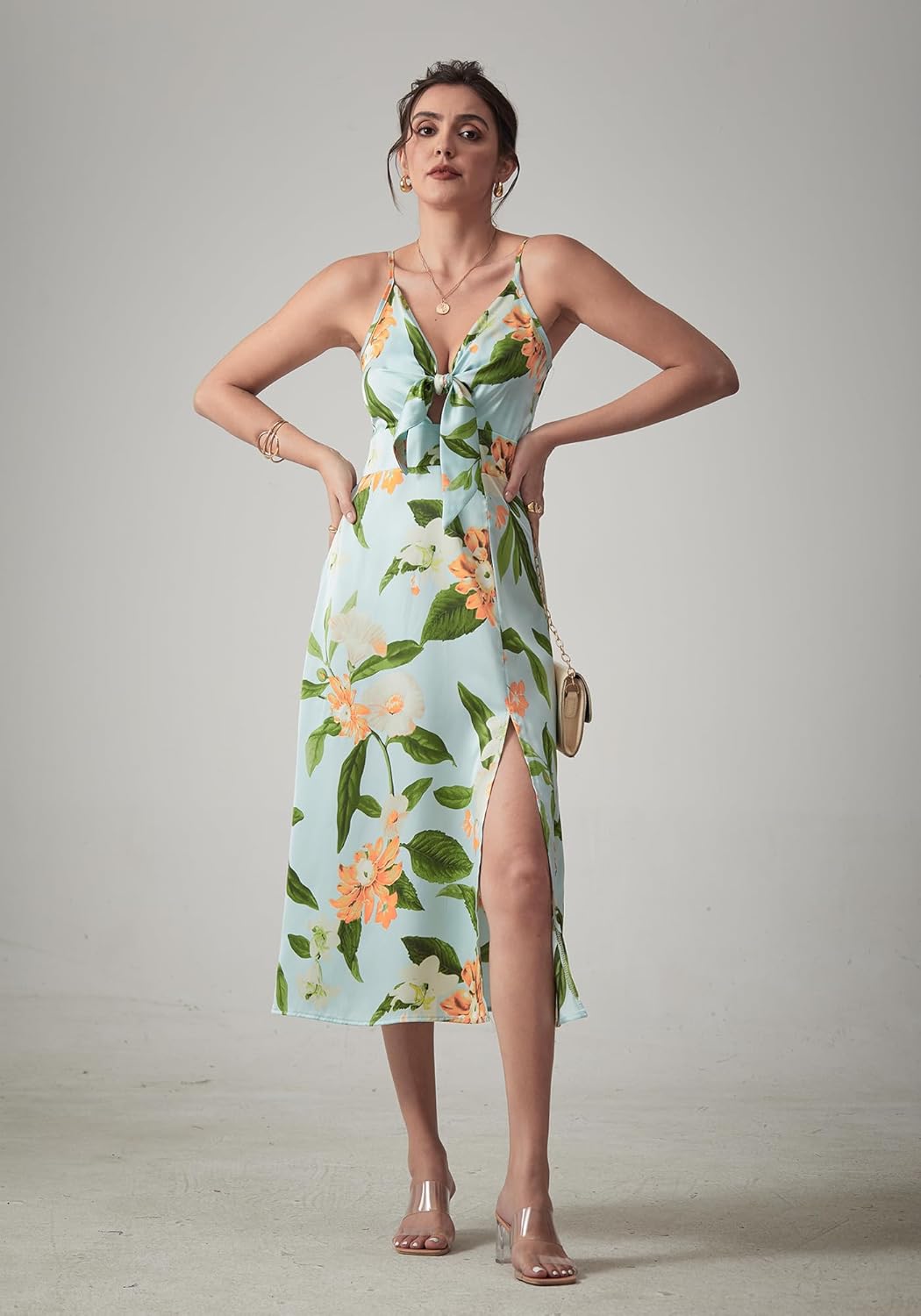 Fashionme Women Spaghetti Strap Midi Satin Dresses Tie Front Backless Slit Cutout Dress Semi-Formal/Casual Flowy Lightweight - Image 7