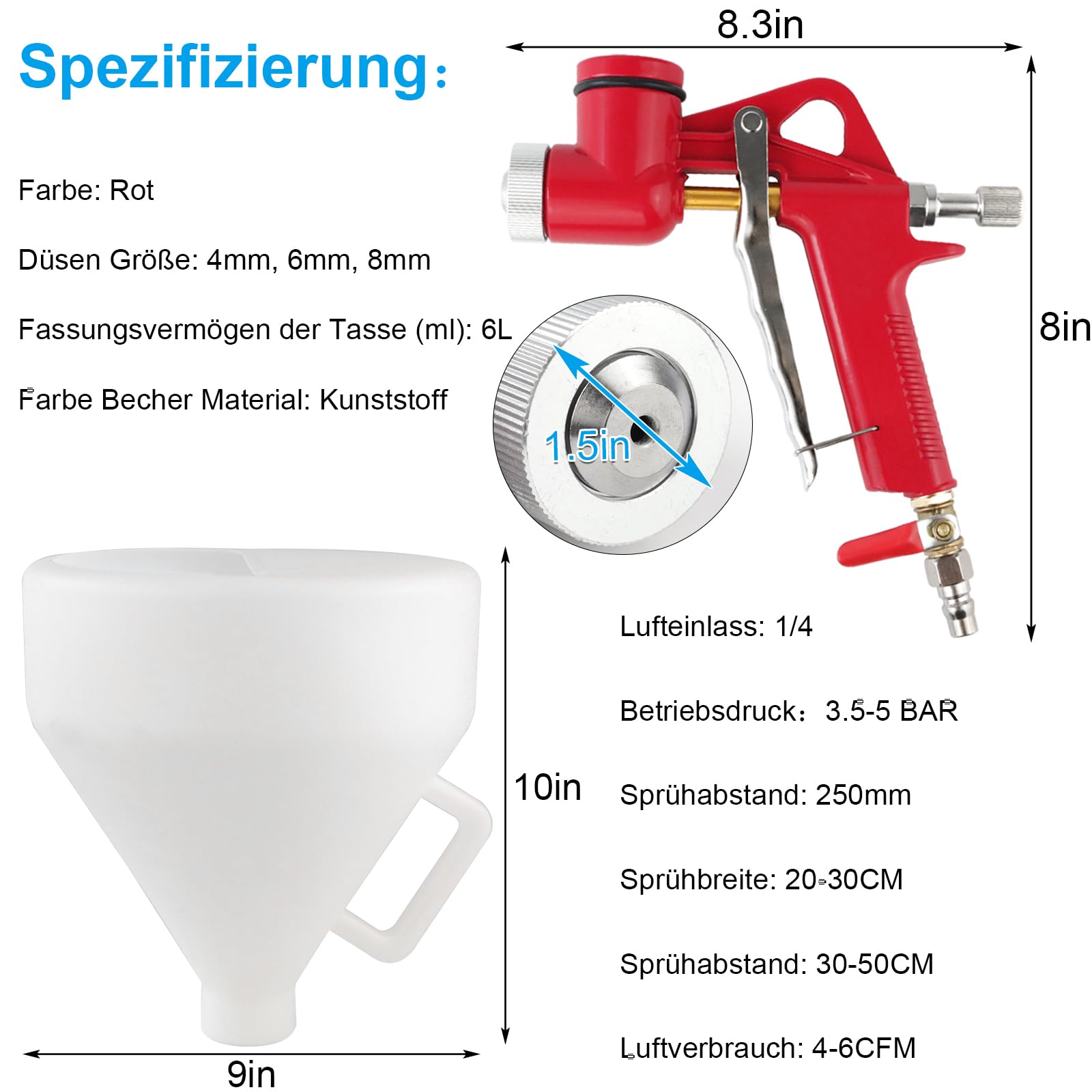 Trichterpistole 6L Putzlackierpistole,Air Textur Pistole mit 3 Düsen (4.0mm/6.0mm/8.0mm) Farbsprühsystem für Wände, Decke, Schlamm, Spritzpistole