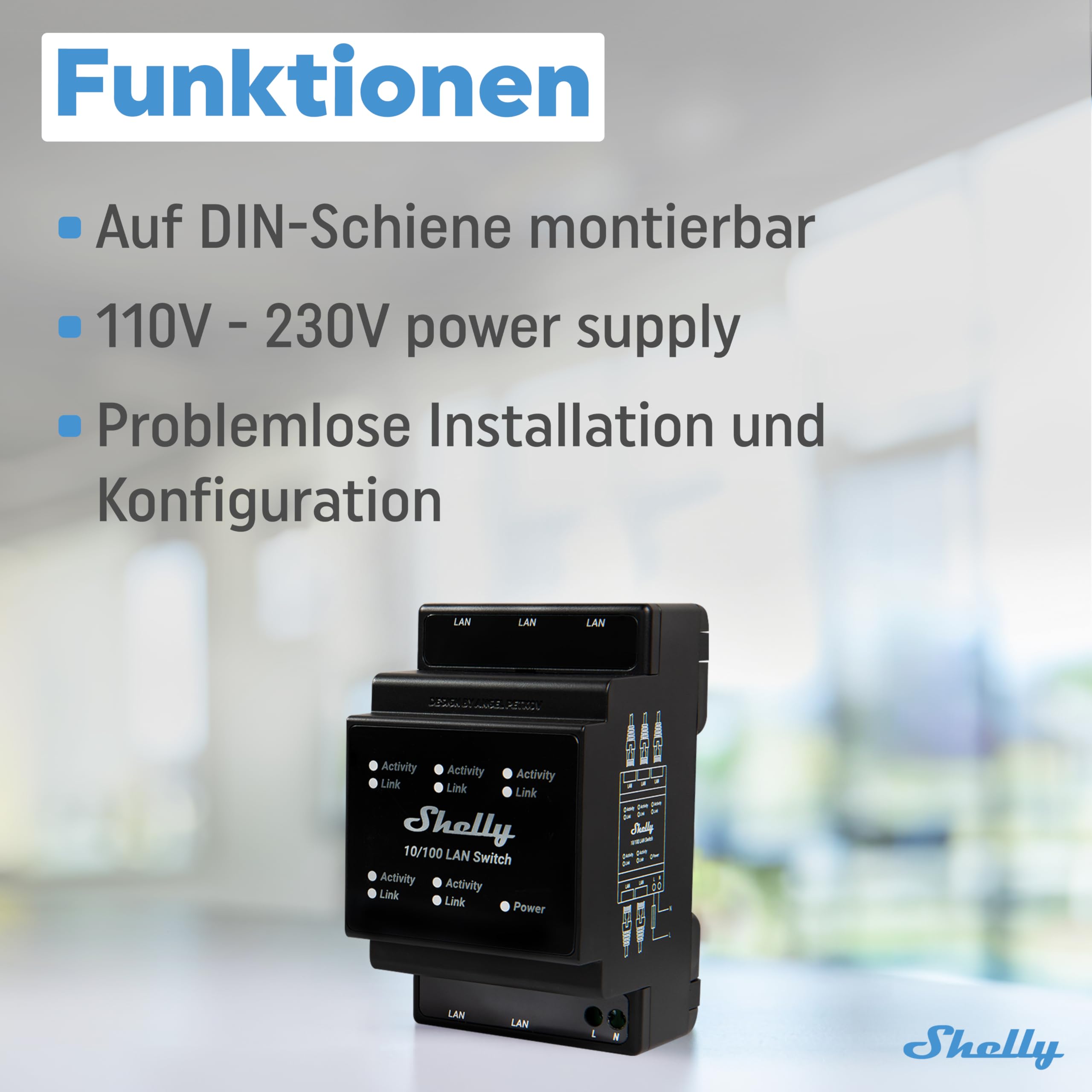 Shelly LAN Switch | Ethernet Netzwerk Switch Für Die DIN Schiene (10/100 Mbps) | 5 RJ45-Anschlüssen | 110V - 230 V | Keine Zusätzlichen Adapter Erforderlich | Einfache Installation | Plug & Play