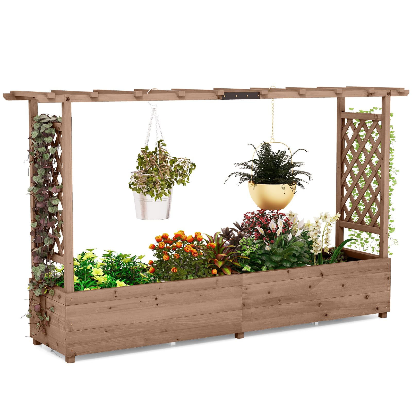 COSTWAY Garden Planter with Trellis, Hanging Roof and Drainage Holes, Weather-Resistant Wooden Raised Bed for Vine Climbing Plants, Outdoor Trough Container Grow Box Flower Pot (Coffee, 200x44x114cm)