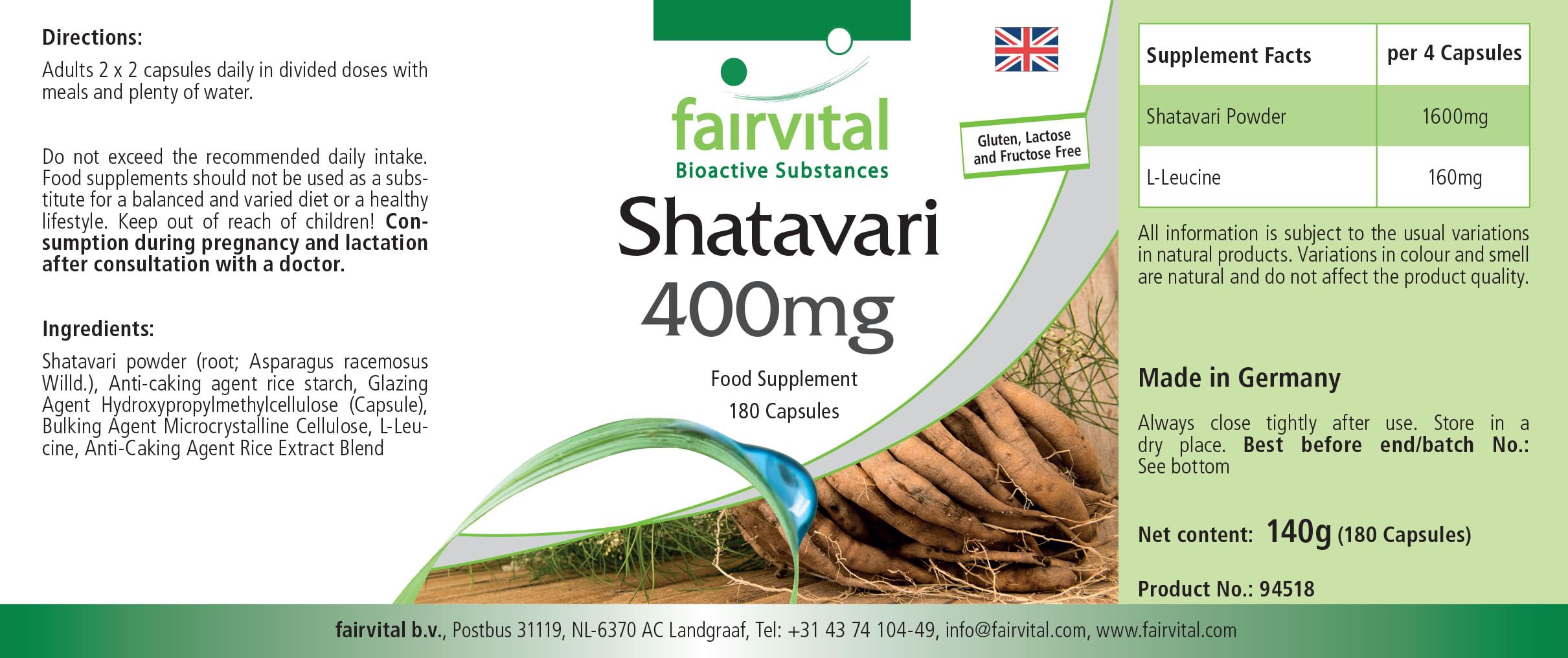 fairvital Shatavari 400mg, 180 gélules, HAUTEMENT DOSÉ, 400mg par gélule, VÉGÉTALIEN, Asparagus racemosus, asperge indienne