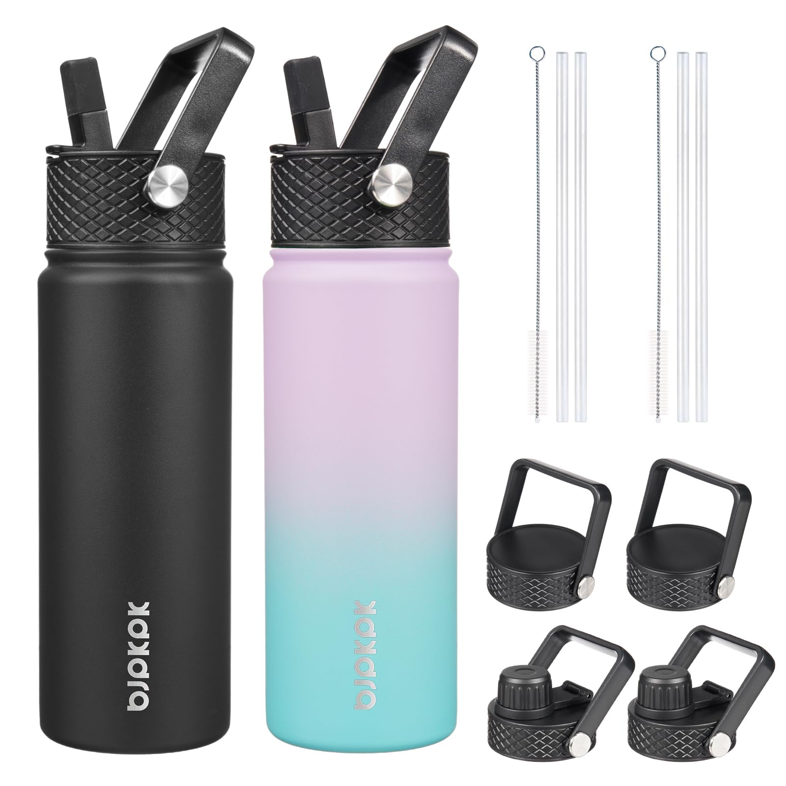 BJPKPK 2 Pack Insulated Water Bottles with Straw Lids, 22oz Stainless Steel Metal Water Bottle with 6 Lids, Leak Proof BPA Free Jugs, Cups, Flasks for Travel, Sports (Lavender Green+Black)Global Recycled StandardGlobal Recycled StandardGlobal Recycled Standard