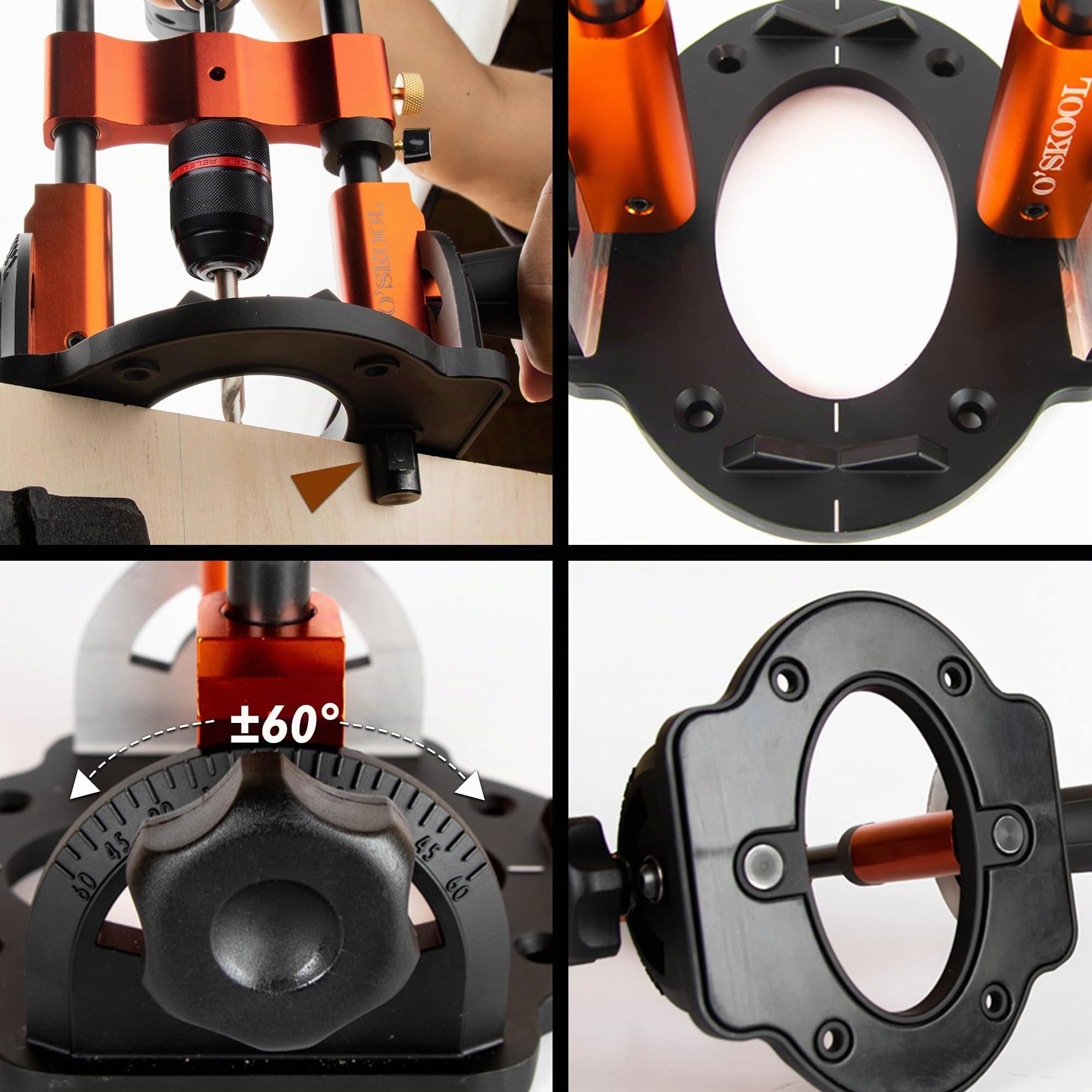 O'SKOOL Guide de perçage multi-angles pour perceuses sans fil, réglable de 0° à 60° pour pièces plates et rondes
