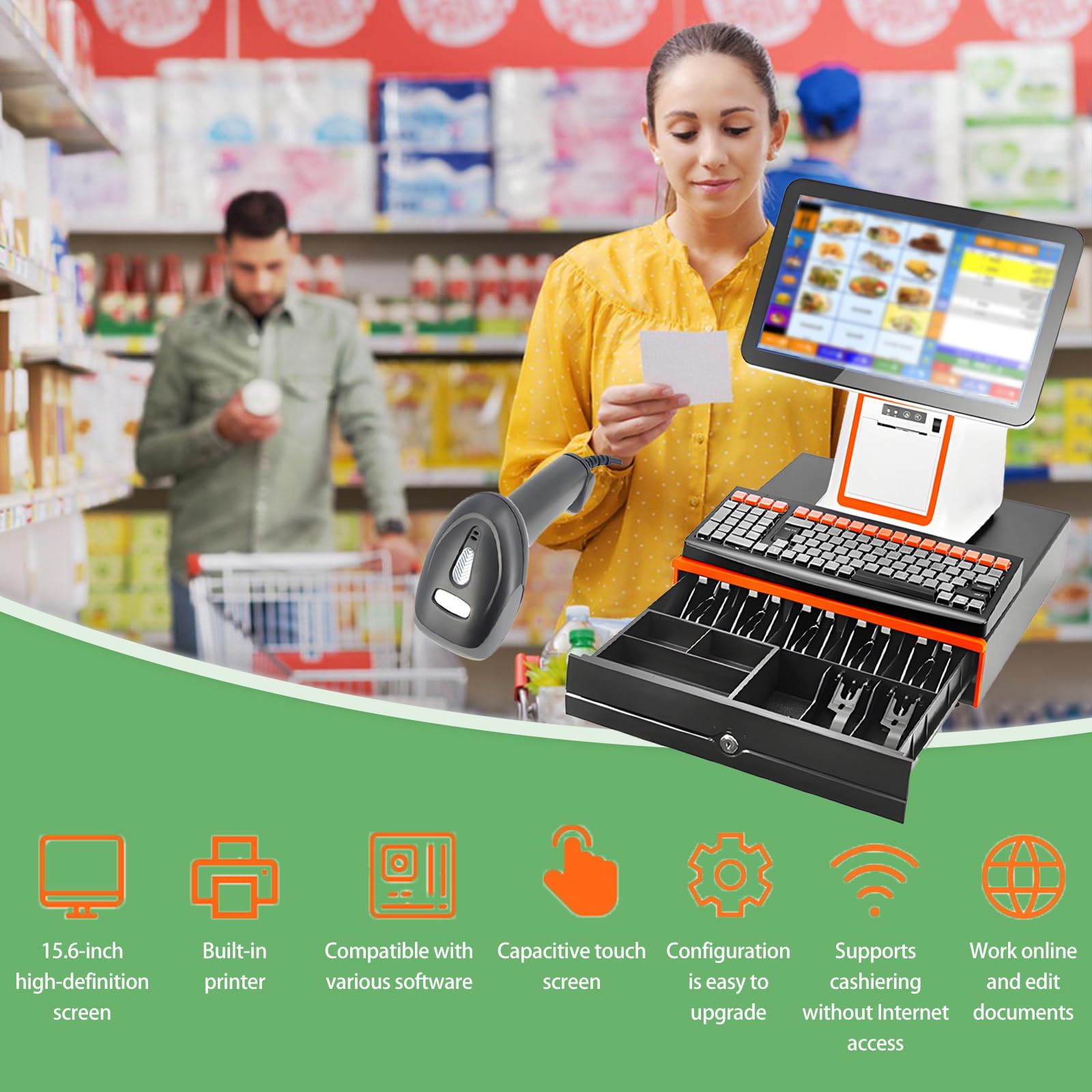 Caja registradora táctil de 15,6 Pulgadas para Comercio minorista y hostelería, gestión de Efectivo (Blanca)