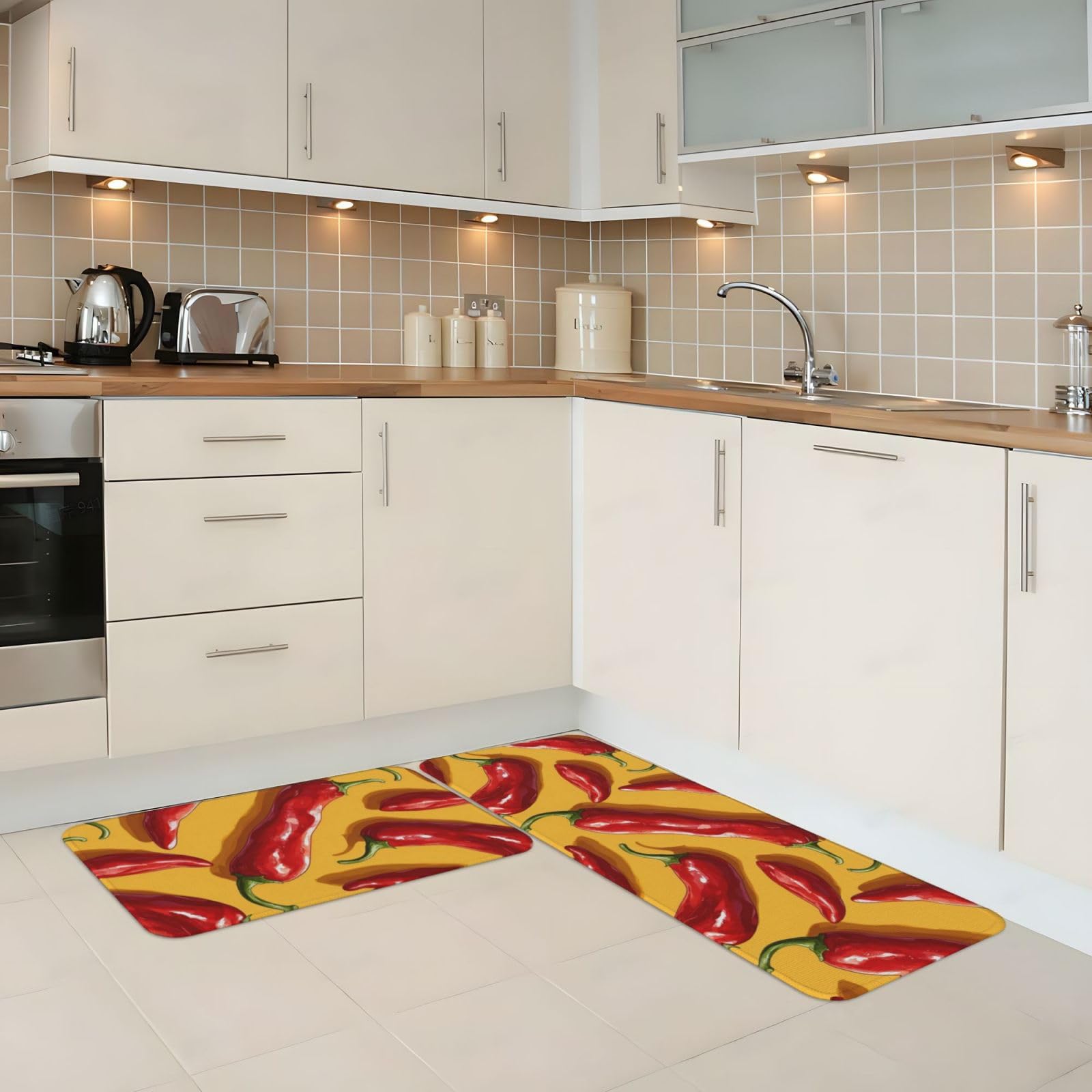 GVYGVY Antifatigue Kitchen Mats for Floor 2 Piece - Realistic Chili Pepper Red Print Kitchen Rugs Washable, Non Slip Runner Rug Standing Mat for Office/Bathroom/Laundry/Home Decor and Accessories