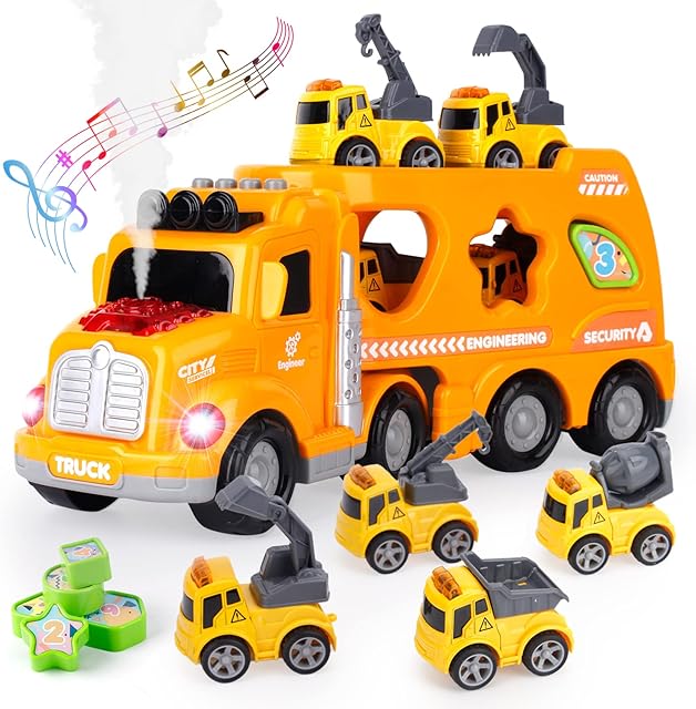 jenilily Construction Toy Carrier Truck Toddler Transporter Light and Sound Vehicles, Mist Spray Shape Sorting Car Toys 3 4 5 6 7 Year Old Boys Kids