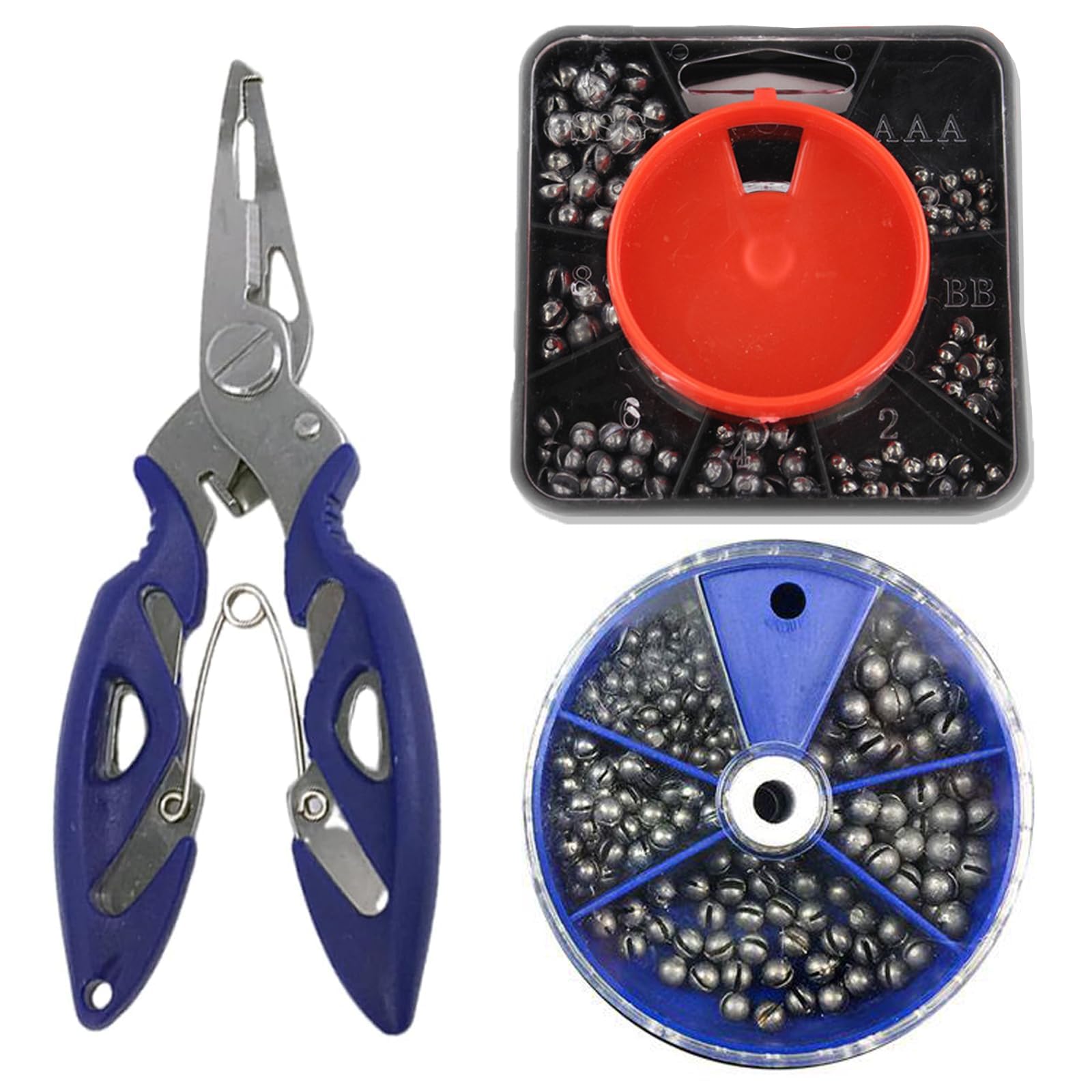 Fishing Tackle, Fishing Weights, Split Shot Fishing Weights, Sea Fishing Weights, Three-Piece Set with Blue Curved Pliers, Round Open Blue Five-Grid 105 Gram, Red 120 Gram ๏ปฟ