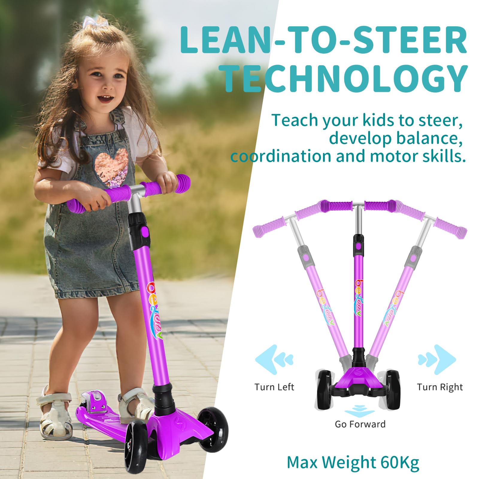 BELEEV Scooter for Kids Ages 2-8, 3 Wheel Scooter for Toddlers Girls Boys, Light-Up Wheels, 4 Adjustable Height, Lean to Steer, Three Wheel Kick Scooter for Children (Violet)