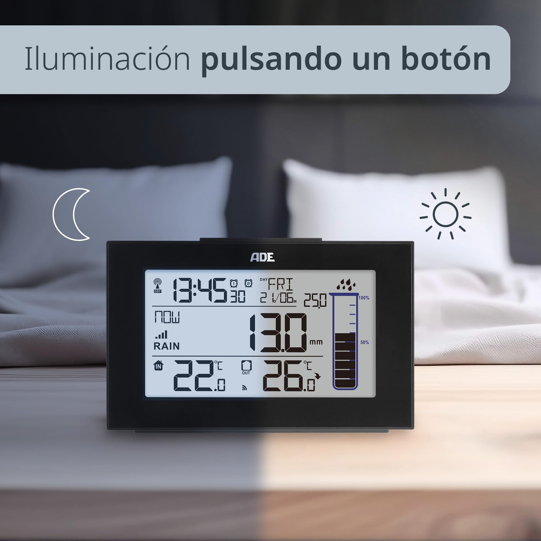 ADE Pluviómetro WS1907 (Estación meteorológica con pluviómetro para el jardín con Sensor de Radio, termómetro para Interior y Exterior, Radio Reloj Digital con Despertador), Negro