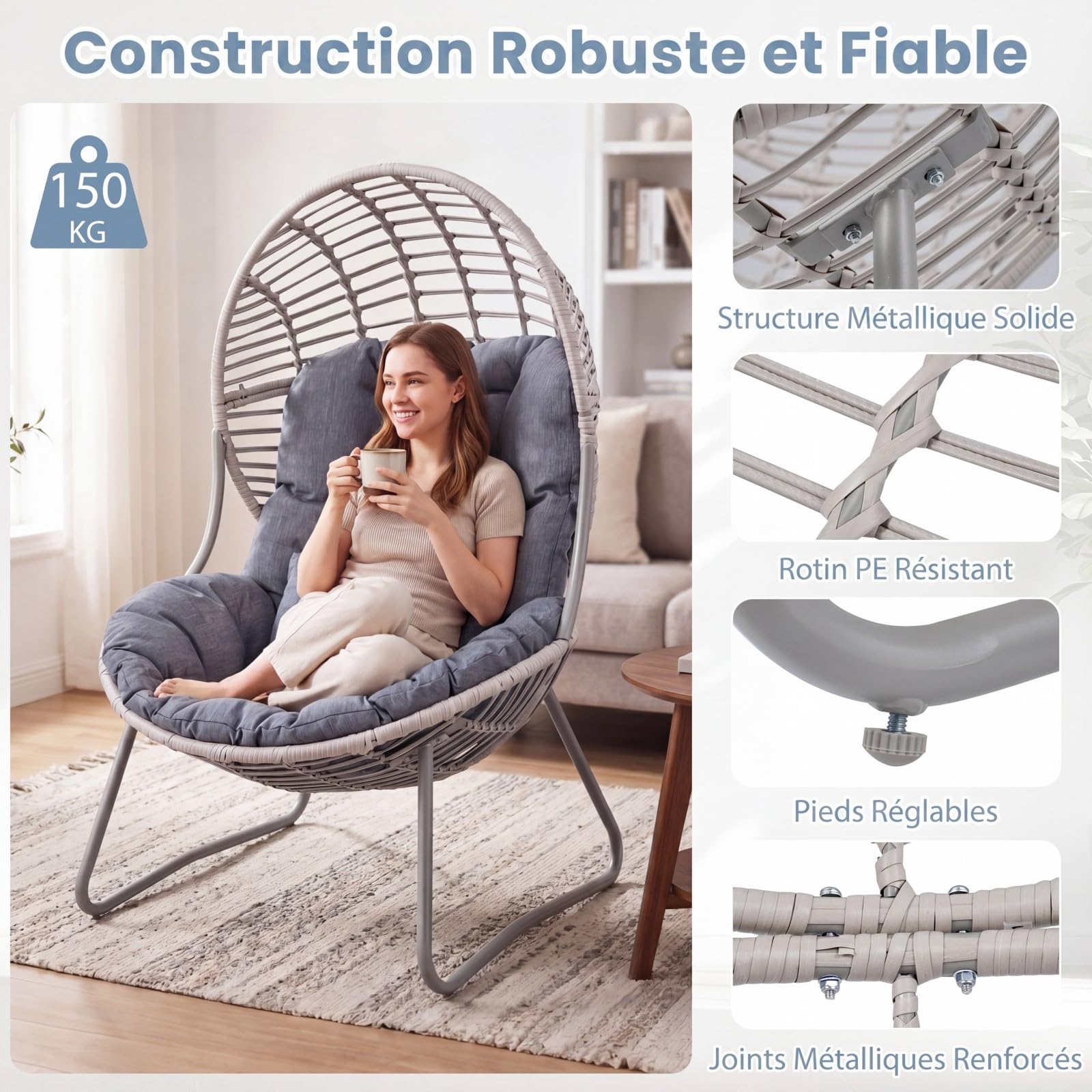 COSTWAY Fauteuil Œuf sur Pied en Rotin PE, Coussins Amovibles