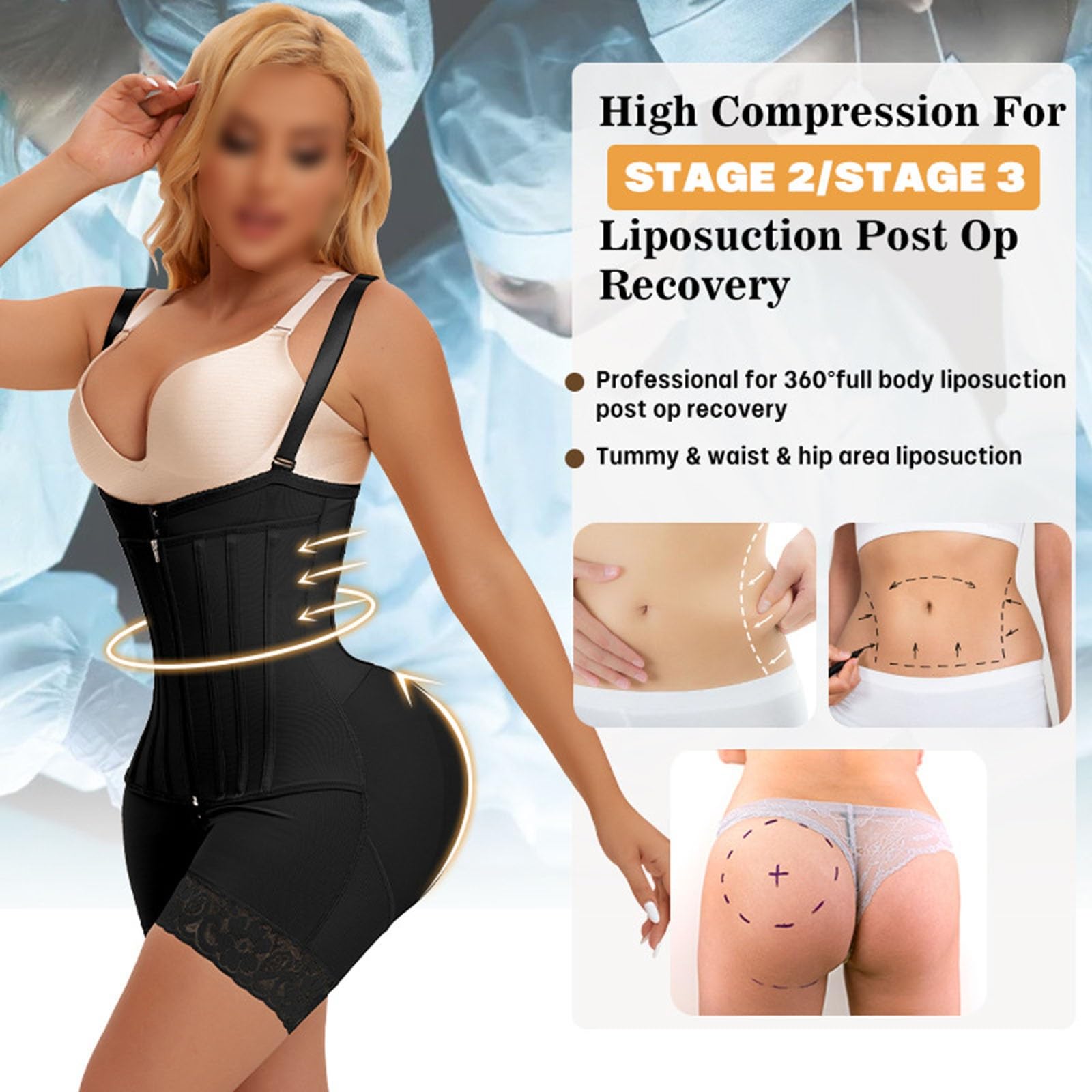 Fajas BBL Post Chirurgia Fase 2/3 Body Shaper Indumento Compressivo per il Controllo Dell'addome Guaine con 12 Stecche Indumento Modellante Post-parto con Busto Aperto e Sollevamento Glutei
